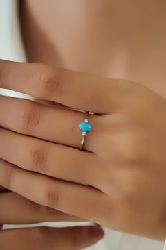 Dainty Oval Cut Turquoise & Diamond Solitaire Three Stone Ring in 14K White Gold