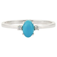 Dainty Oval Cut Turquoise & Diamond Solitaire Three Stone Ring in 14K White Gold