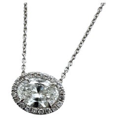 Dainty Oval Diamond Halo Pendant Necklace 18K White Gold