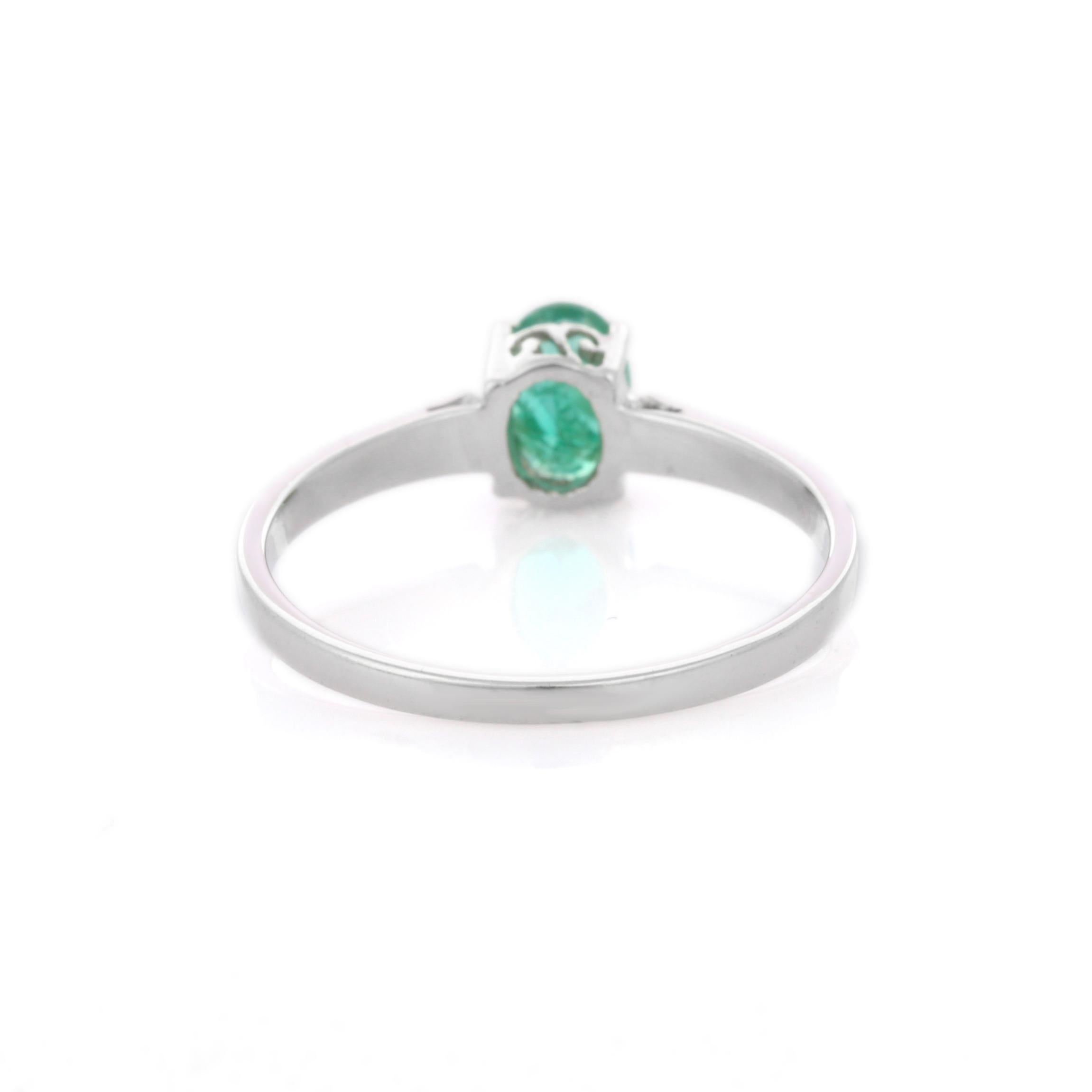 For Sale:  18K White Gold Minimalist Oval Cut Emerald Gemstone Stackable Solitaire Ring  4