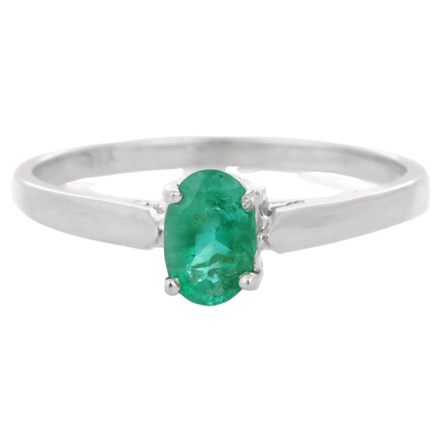 For Sale:  18K White Gold Minimalist Oval Cut Emerald Gemstone Stackable Solitaire Ring