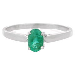 18K White Gold Minimalist Oval Cut Emerald Gemstone Stackable Solitaire Ring 