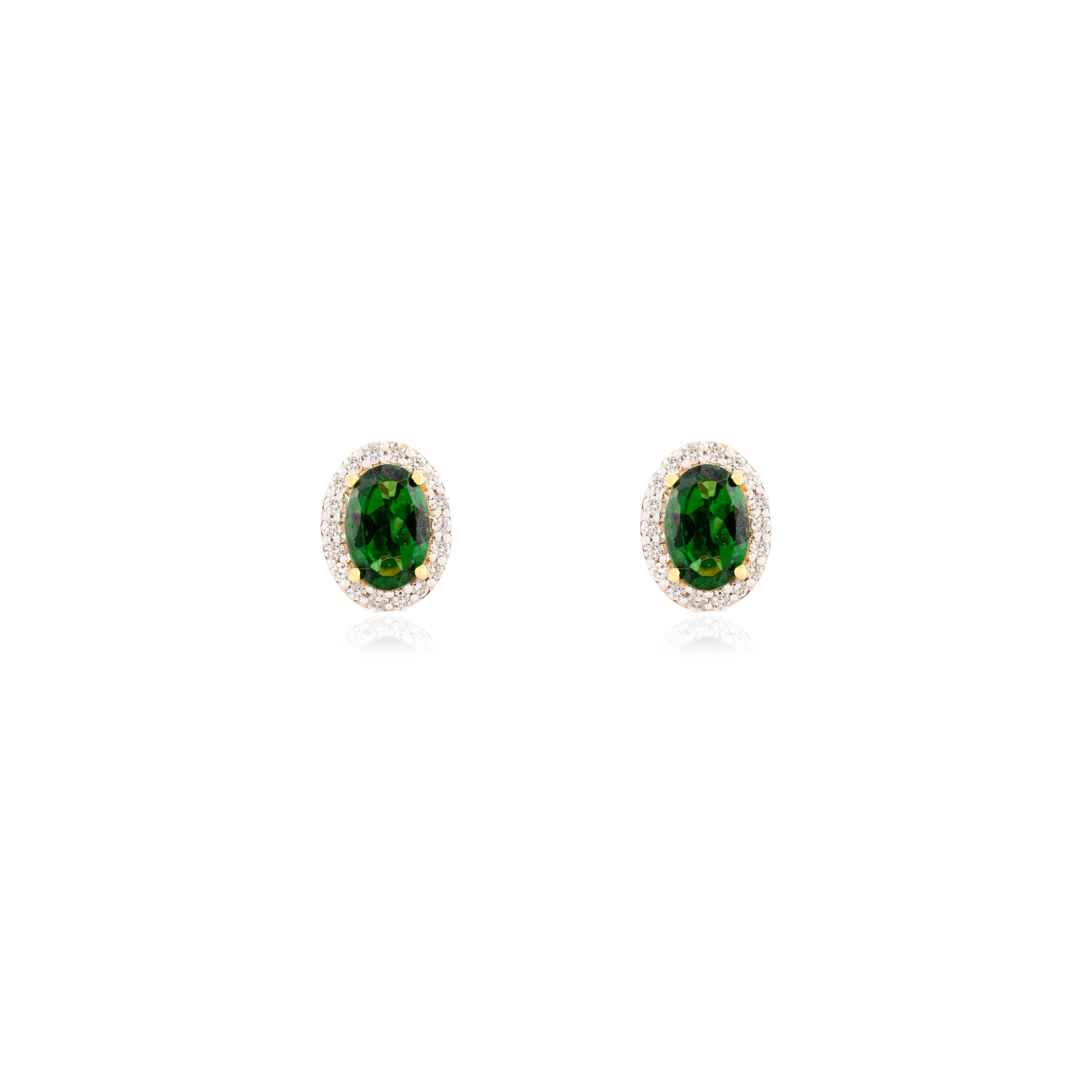 Art Deco Dainty Oval Green Tourmaline Halo Diamond Stud Earrings in 14k Solid Yellow Gold For Sale