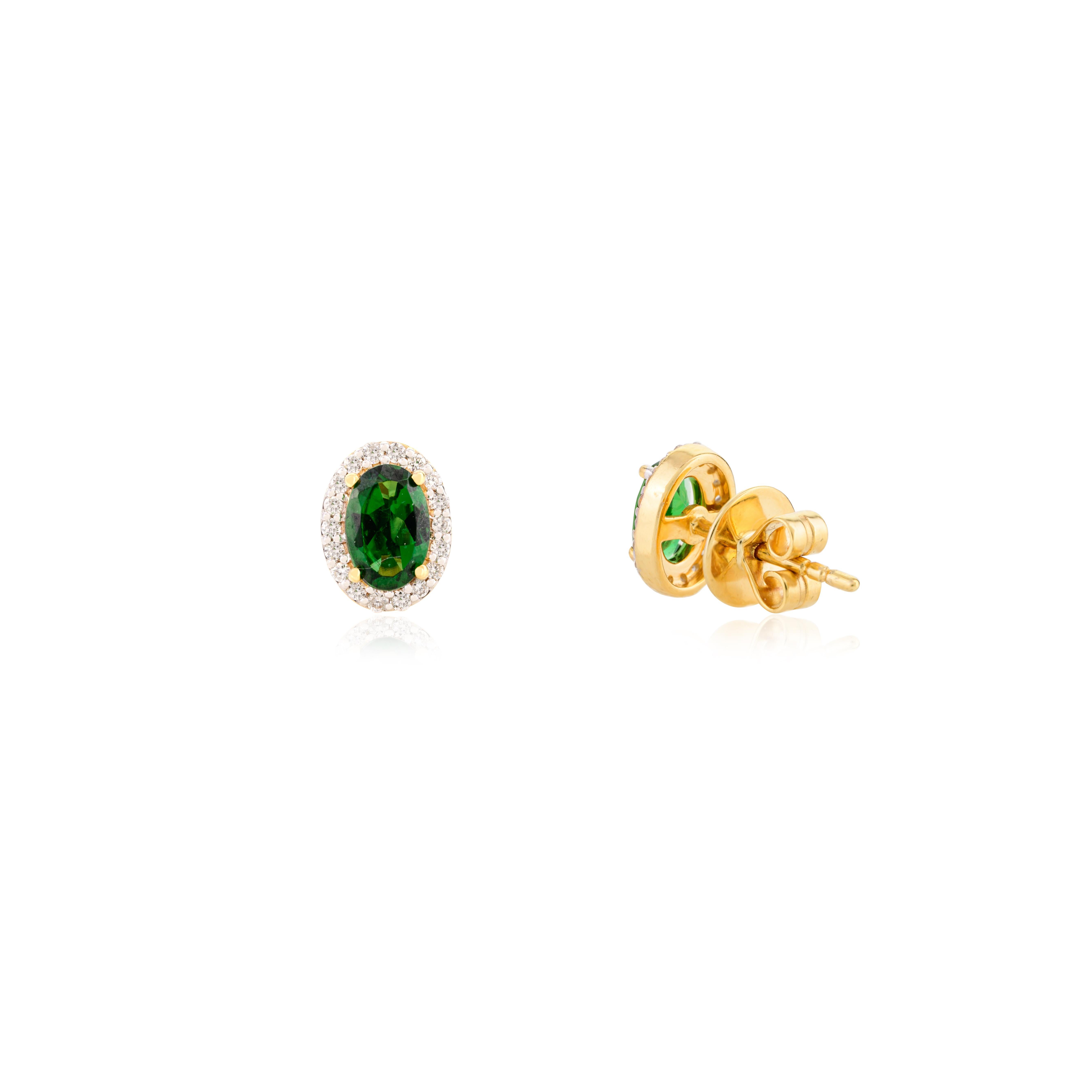 Dainty Oval Green Tourmaline Halo Diamond Stud Earrings in 14k Solid Yellow Gold In New Condition For Sale In New York, NY