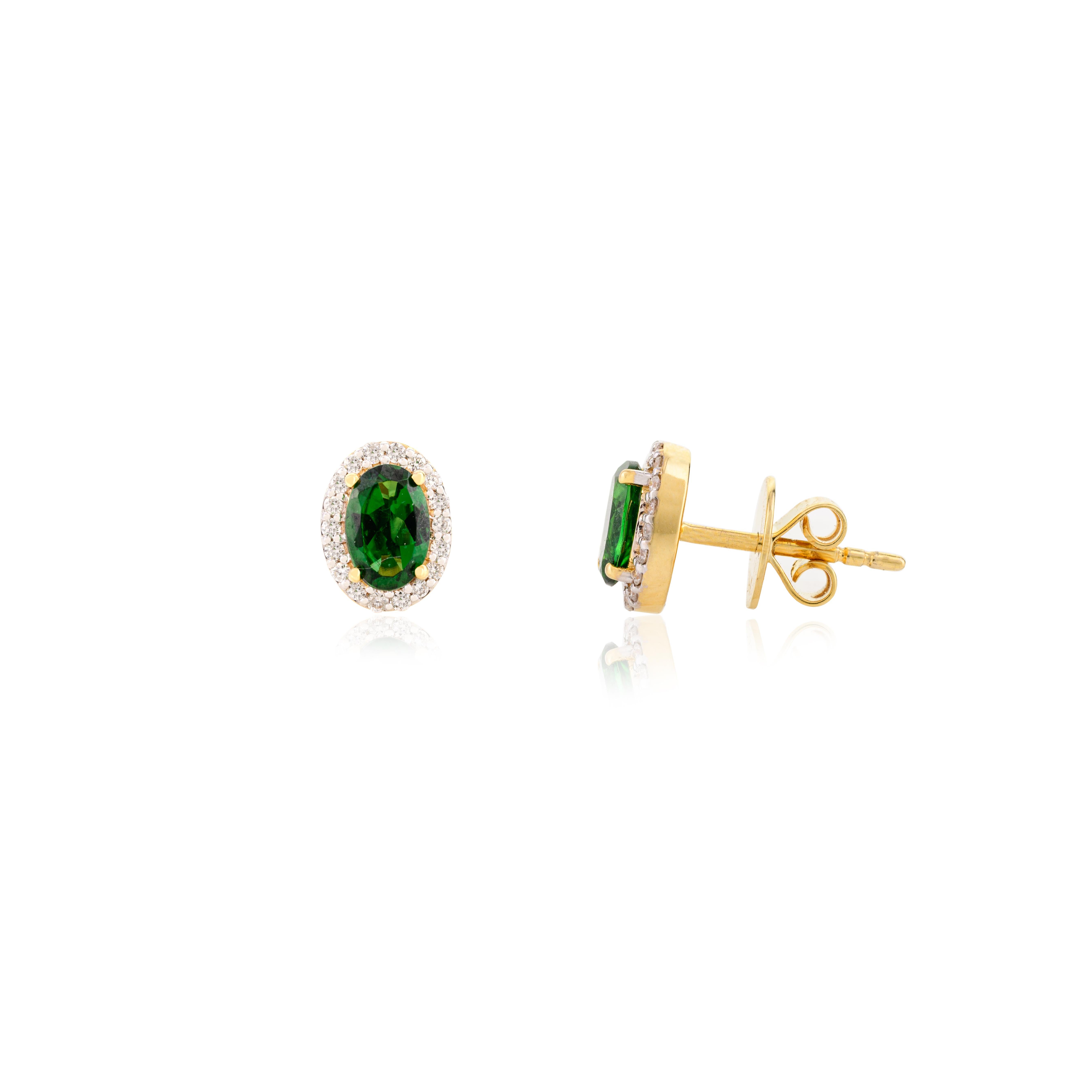 Women's Dainty Oval Green Tourmaline Halo Diamond Stud Earrings in 14k Solid Yellow Gold For Sale