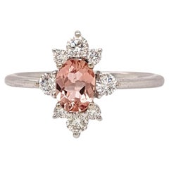 Dainty Peachy Imperial Topaz Ring w Natural Diamonds in Solid 14k White Gold