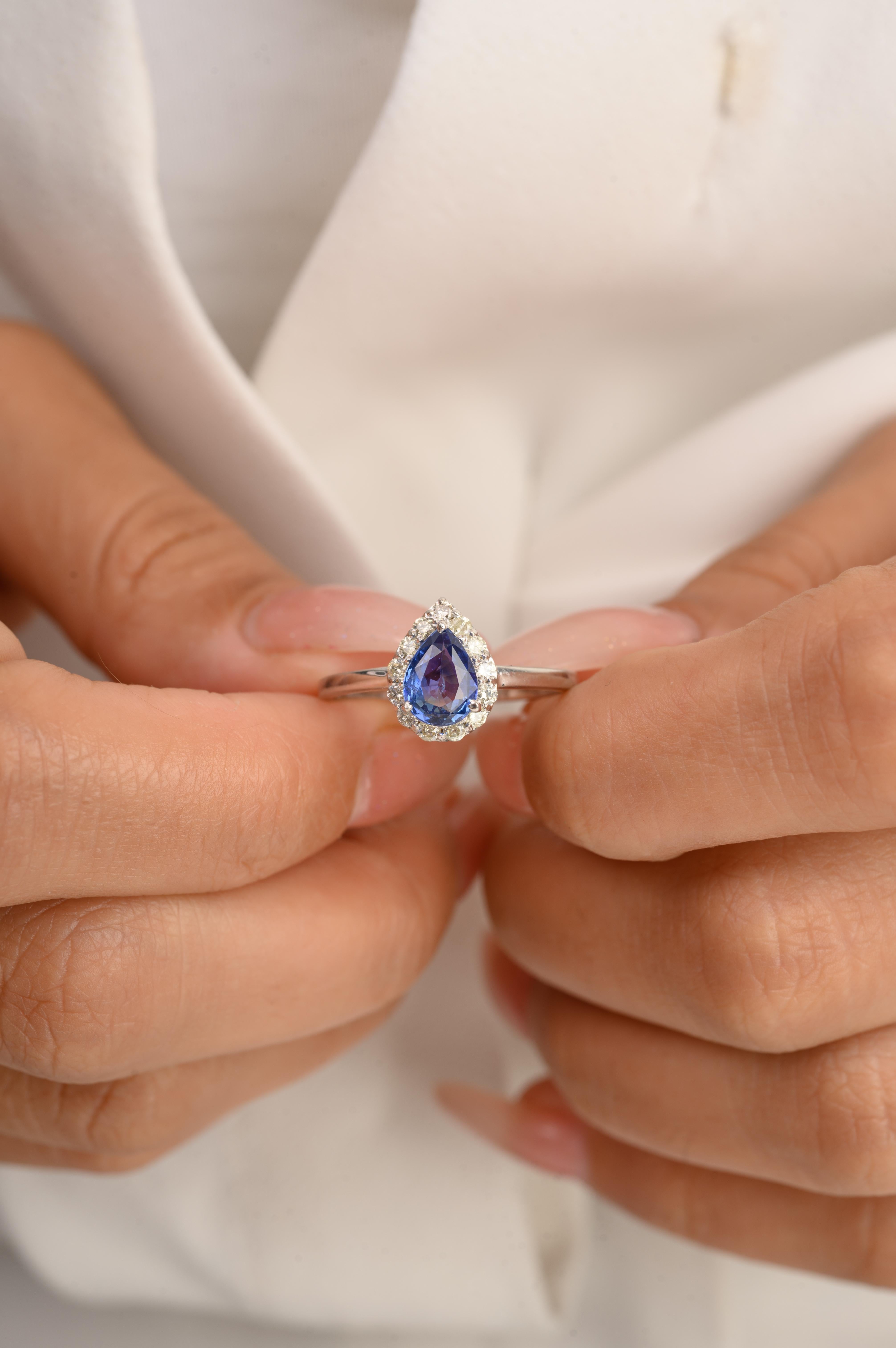 in vendita:  Anello con diamante aureolato e zaffiro blu con taglio a pera, regalo in oro bianco massiccio 14k 2
