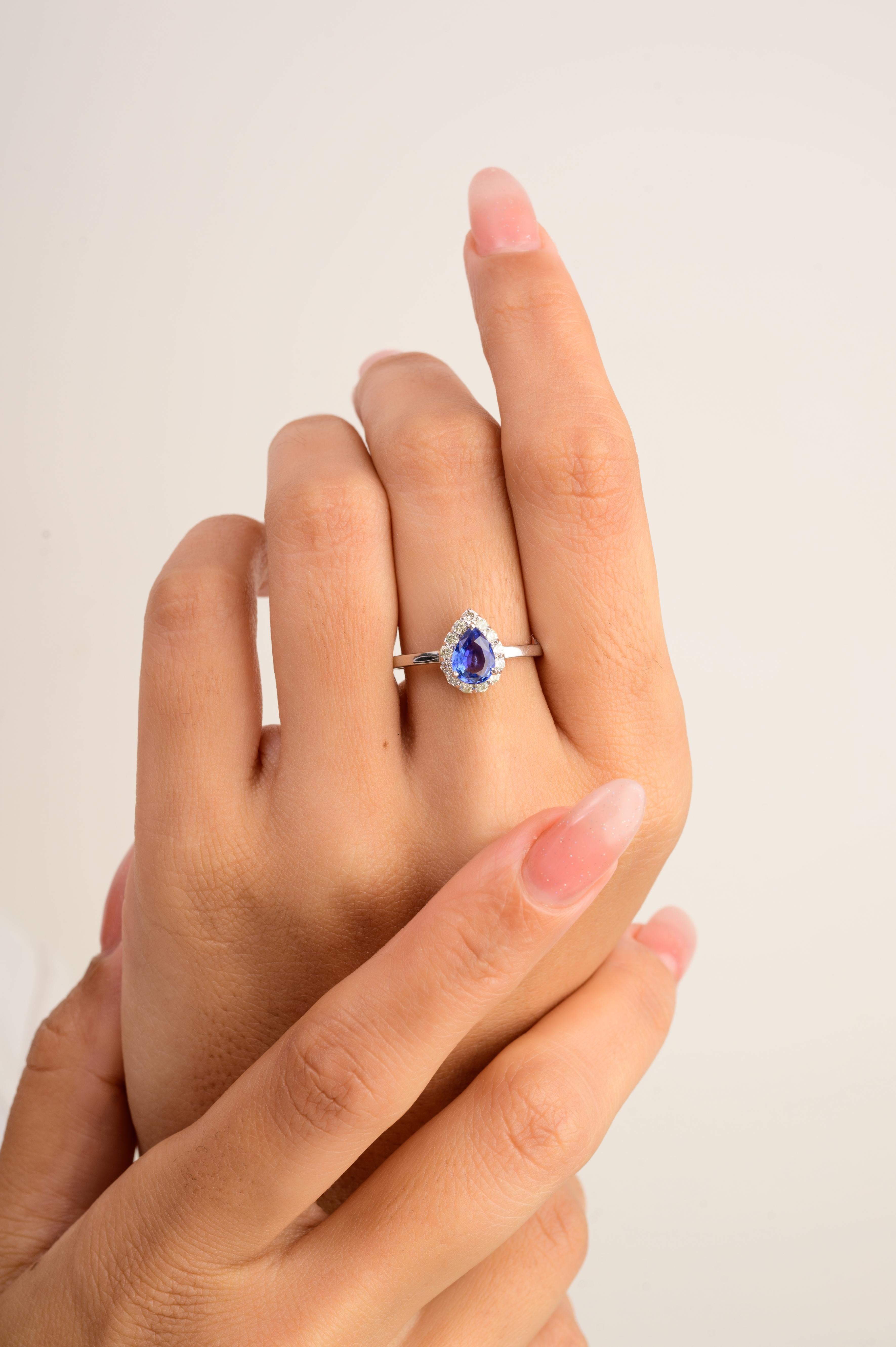 in vendita:  Anello con diamante aureolato e zaffiro blu con taglio a pera, regalo in oro bianco massiccio 14k 5