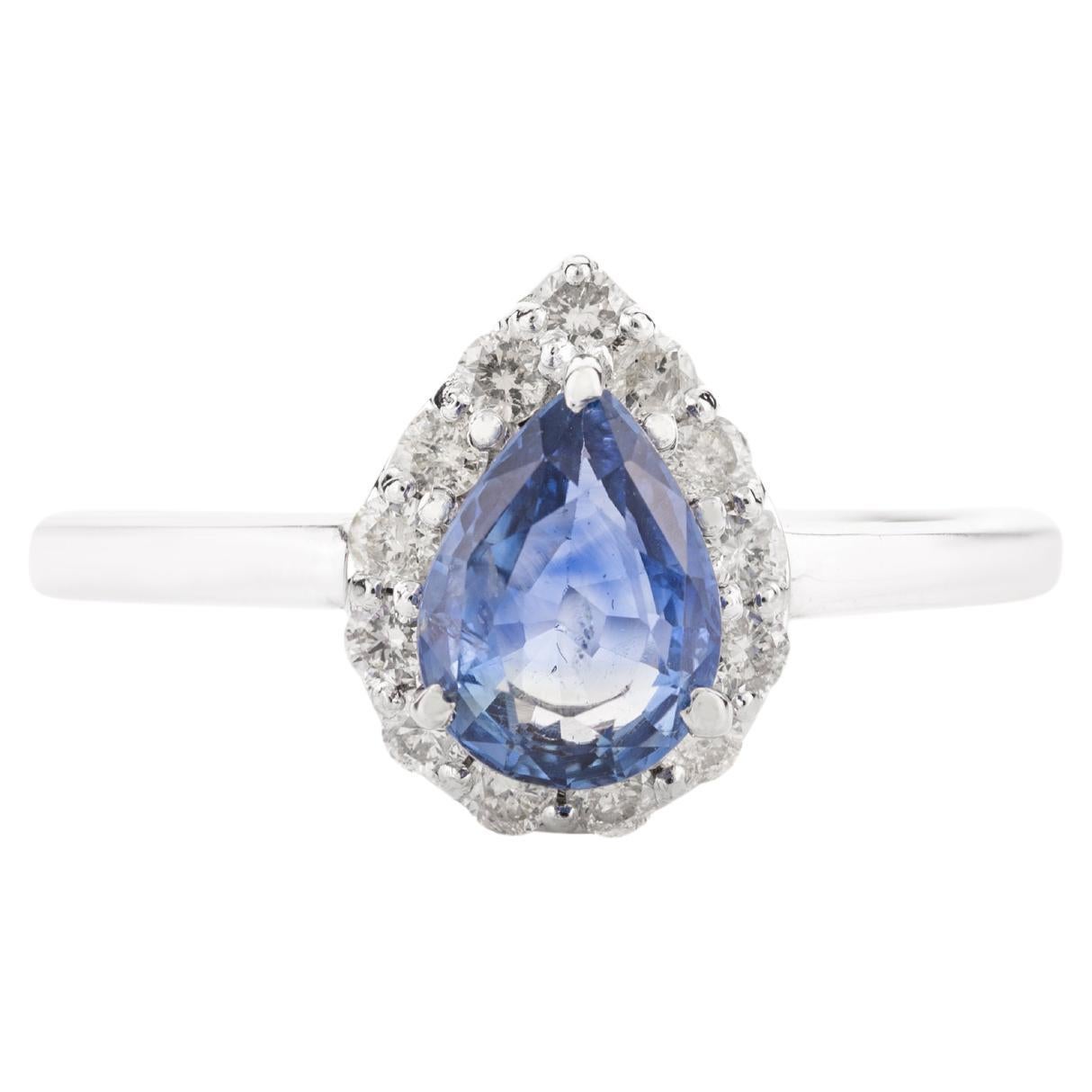 Dainty Pear Cut Blue Sapphire Halo Diamond Ring Gift in 14k Solid White Gold