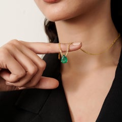 Dainty Pear Cut Emerald Solitaire Pendant Necklace 3.88ct in 14K Gold Curb Chain