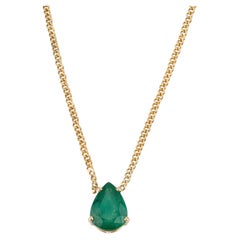 Dainty Pear Cut Emerald Solitaire Pendant Necklace 3.88ct in 14K Gold Curb Chain