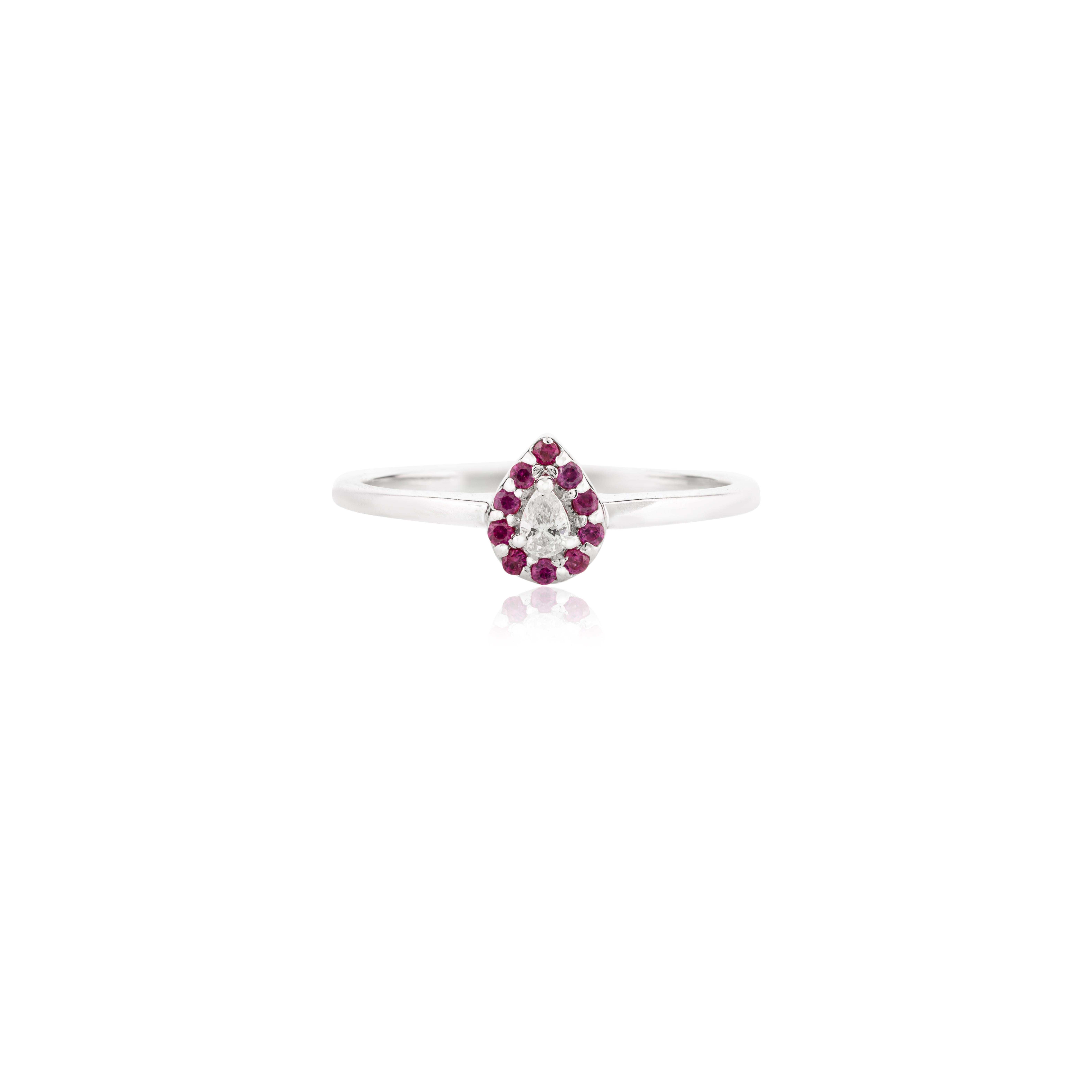 in vendita:  Anello con diamante aureolato a forma di pera e rubino realizzato a mano in oro bianco massiccio 14k 8