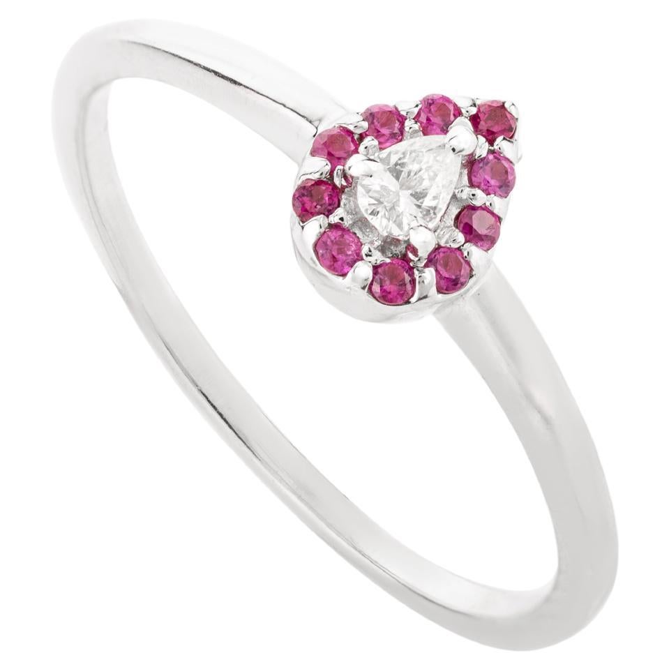 Tiny Pear Diamond Halo Ruby Ring Handcrafted in 14k Solid White Gold