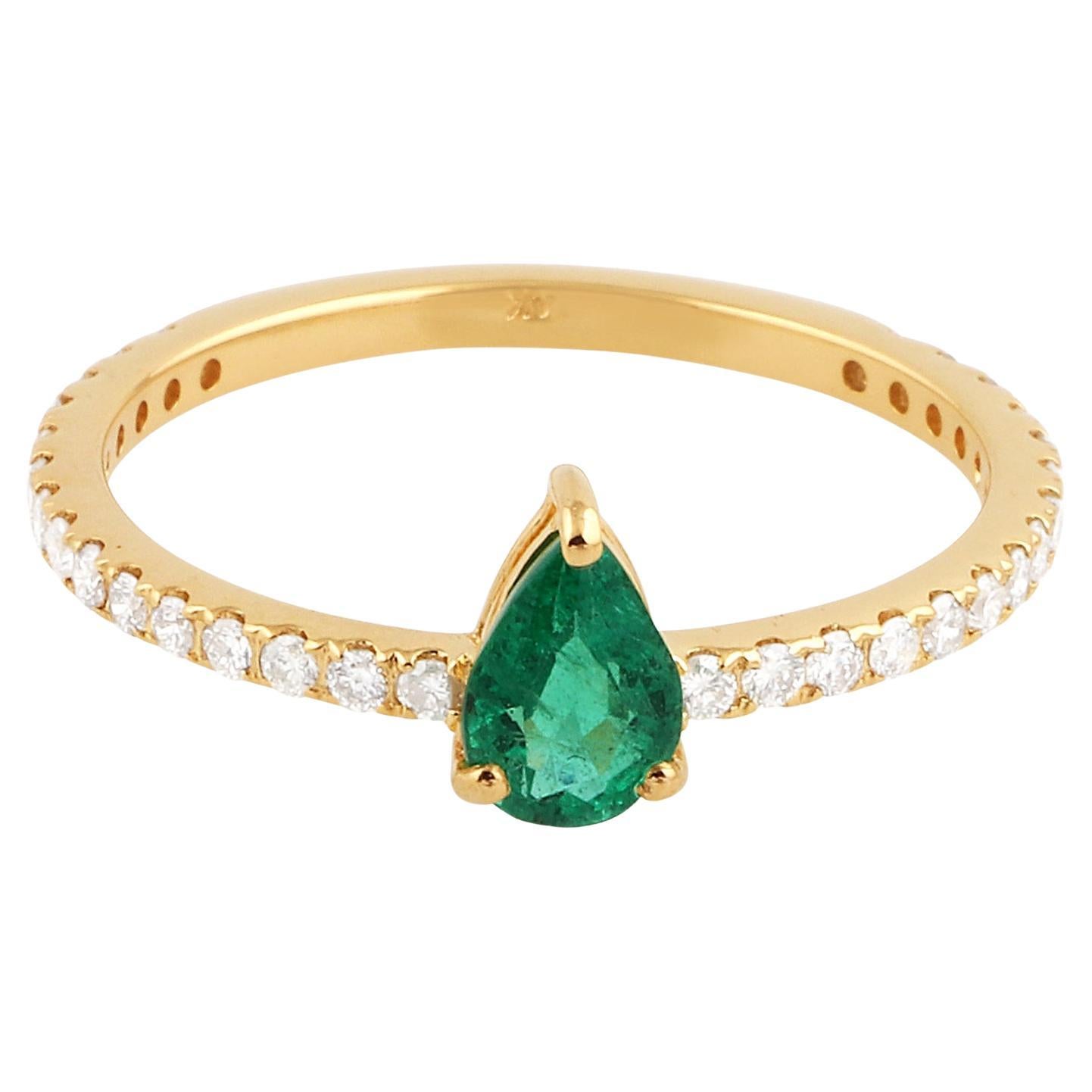 Dainty Pear Emerald SI/H Natural Diamond Pave Promise Ring 14 Karat Yellow Gold