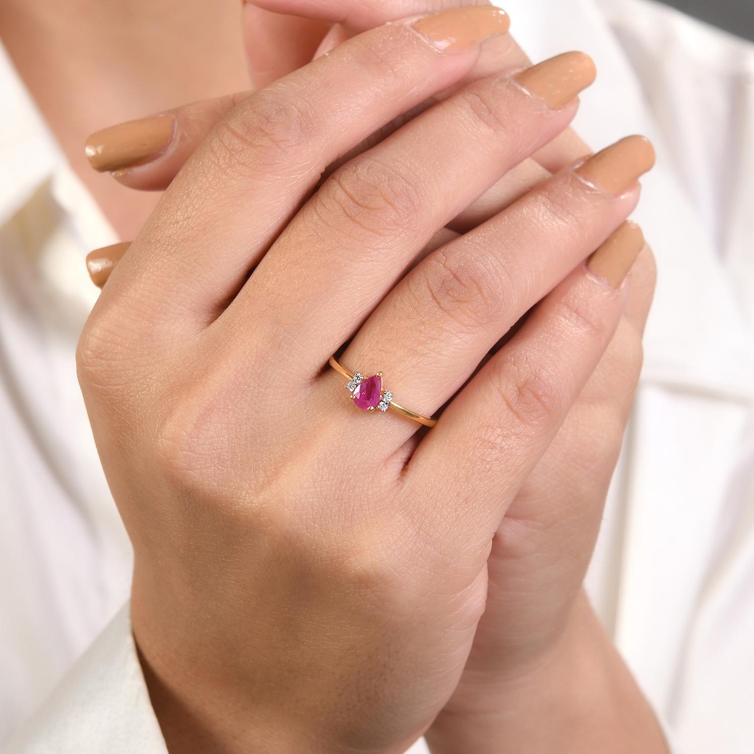 For Sale:  Dainty Pear Ruby Diamond Ring Engagement Gift for Her in 18k Yellow Gold 2