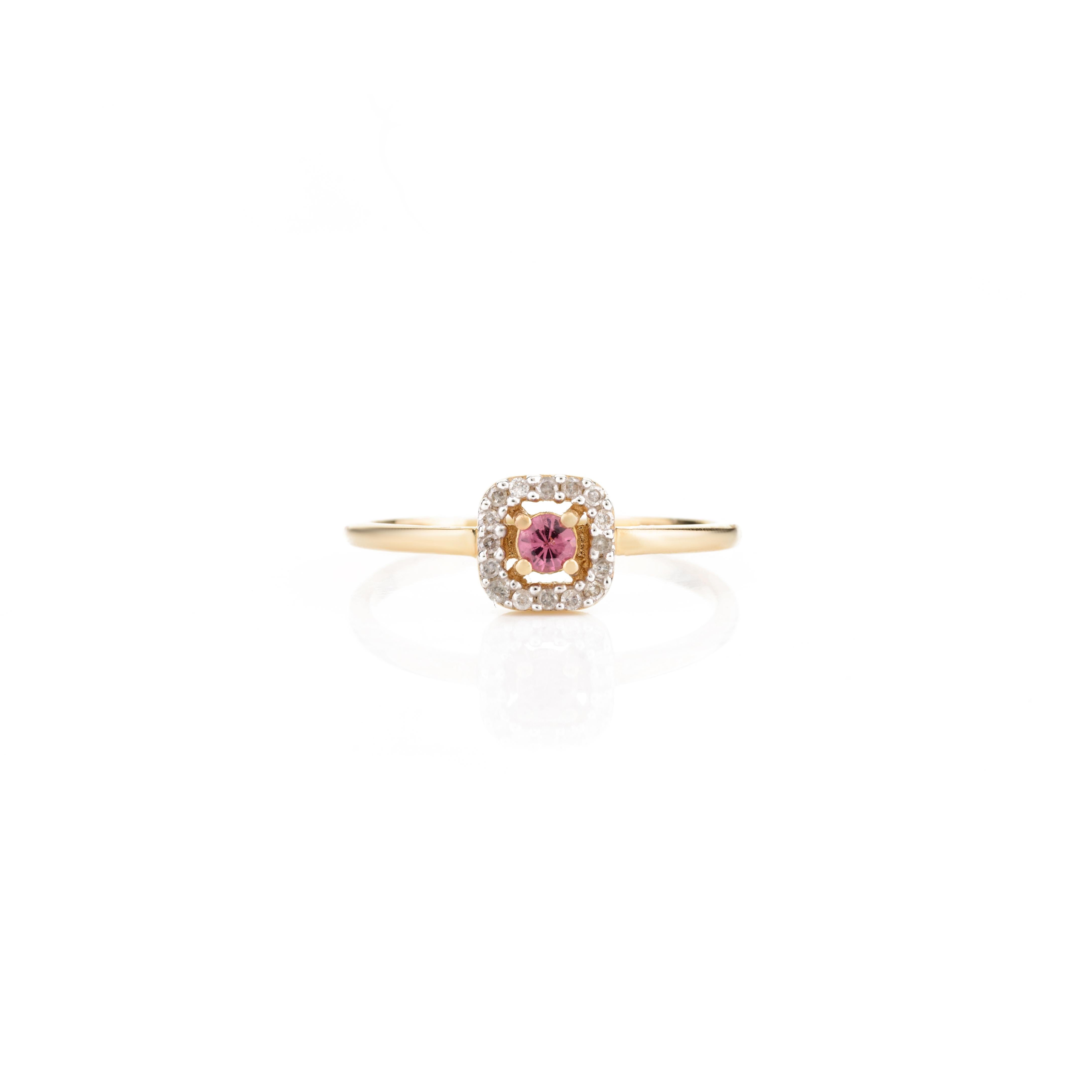 For Sale:  Dainty Pink Sapphire and Halo Diamond Ring Made in 14k Solid Yellow Gold 2