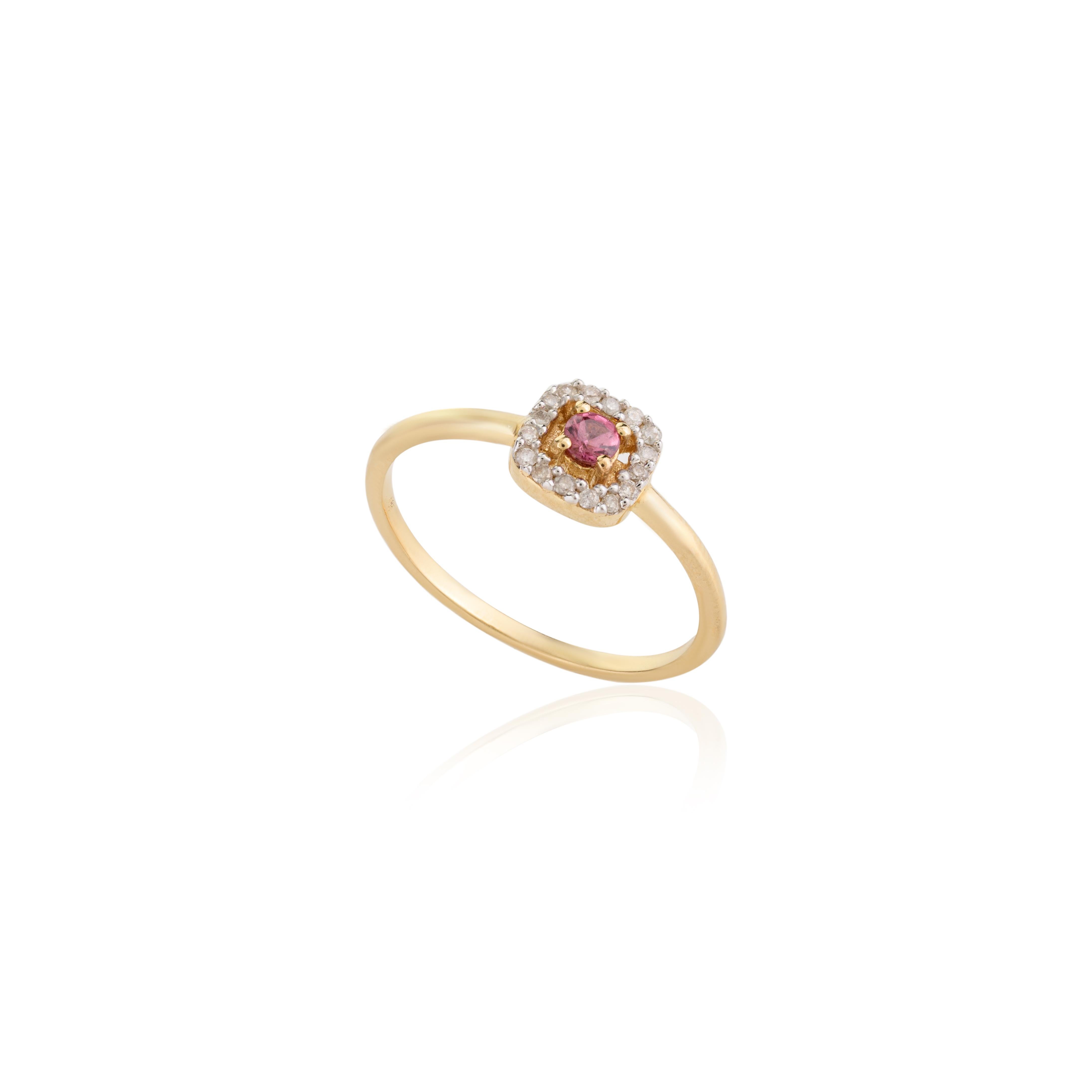 For Sale:  Dainty Pink Sapphire and Halo Diamond Ring Made in 14k Solid Yellow Gold 4