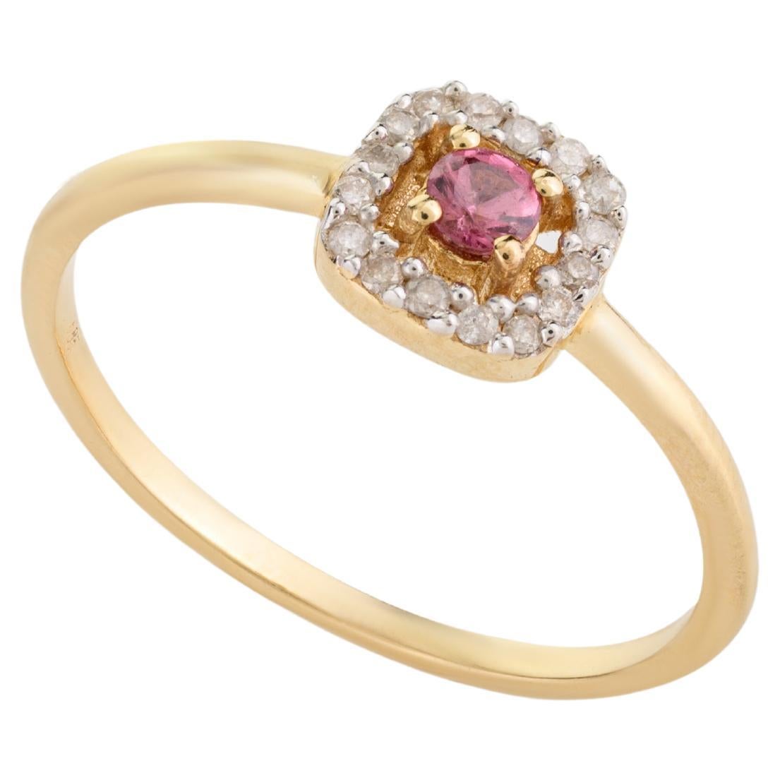 For Sale:  Dainty Pink Sapphire and Halo Diamond Ring Made in 14k Solid Yellow Gold