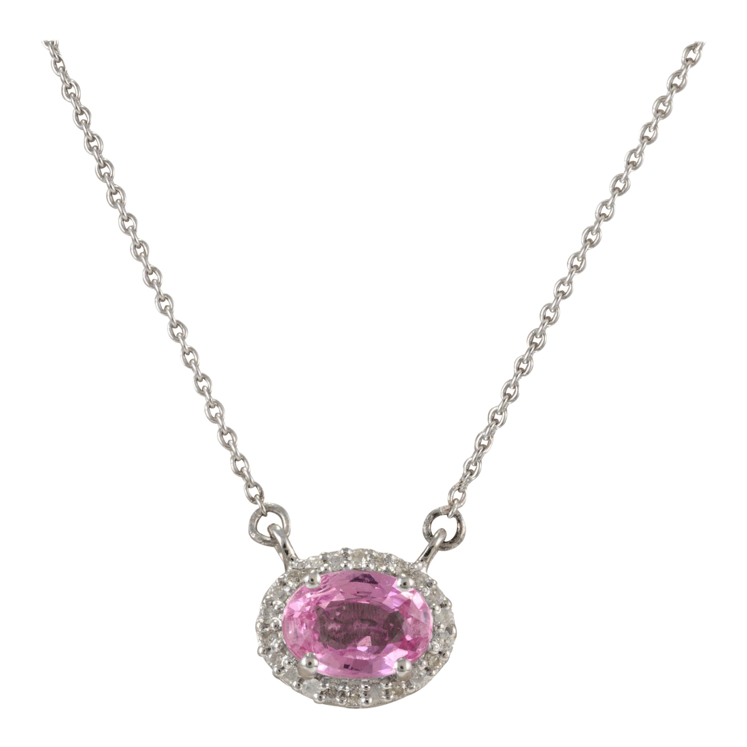 Delicata collana con zaffiro rosa e diamante a forma di aureola in oro bianco massiccio 14 carati