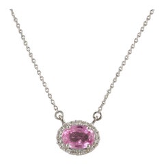 Delicata collana con zaffiro rosa e diamante a forma di aureola in oro bianco massiccio 14 carati
