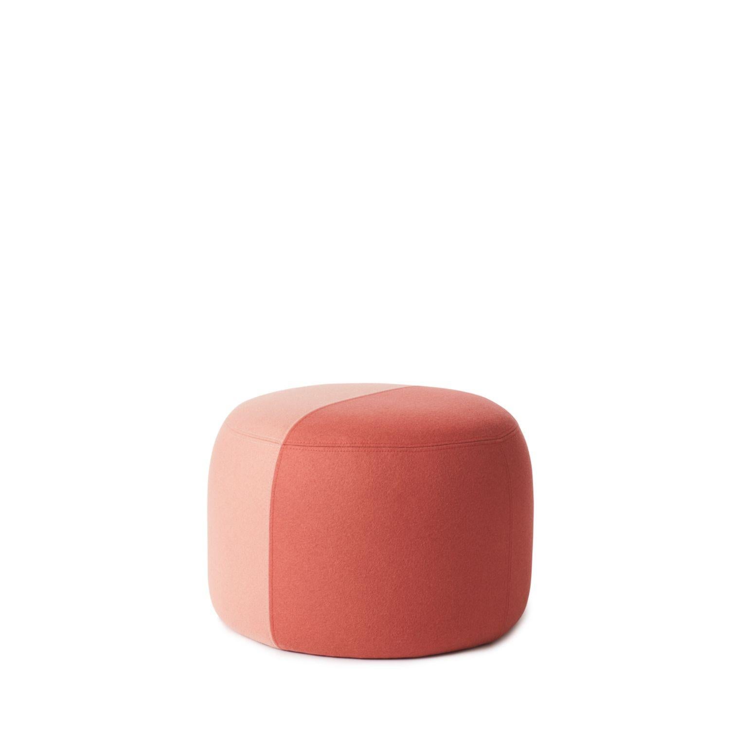 Dainty pouf blush Coral by Warm Nordic
Dimensions: D55 x H 39 cm
Material: Textile upholstery, Wooden frame, foam.
Weight: 9.5 kg
Also available in different colours and finishes. 

Sophisticated, two-coloured pouf with soft shapes and a clean