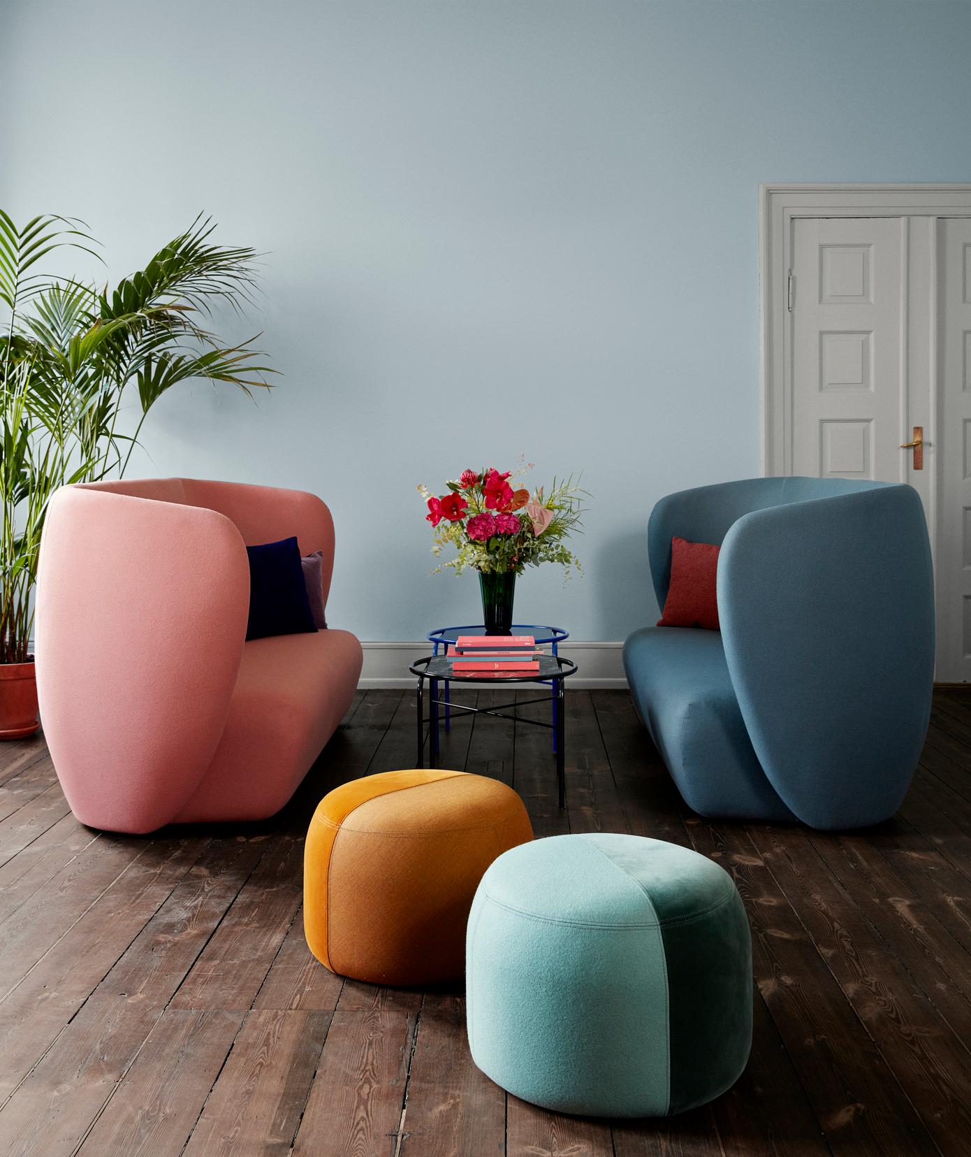 Upholstery Dainty Pouf Minty Grey, Cloudy White by Warm Nordic For Sale