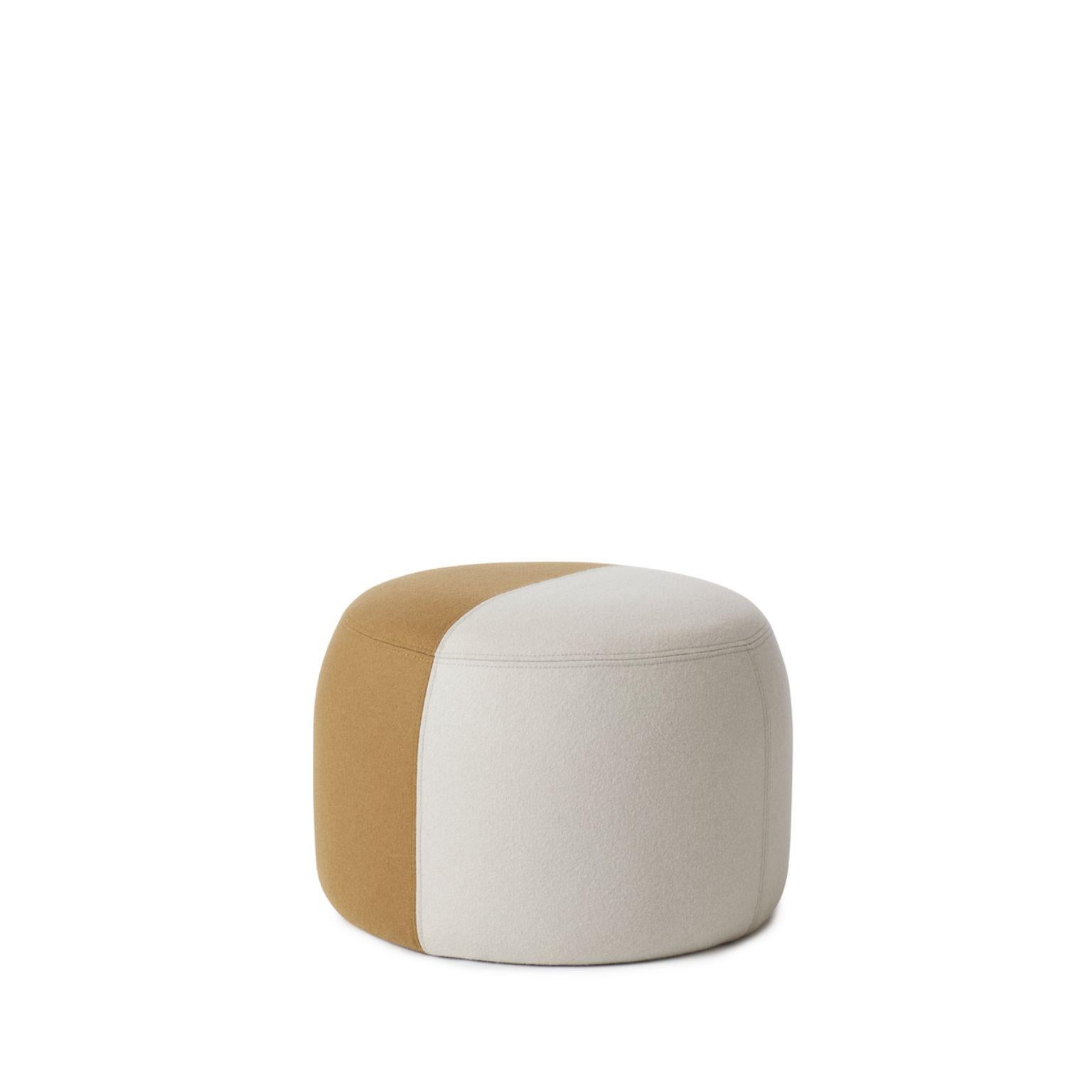 Dainty Pouf pearl grey olive by Warm Nordic
Dimensions: D 55 x H 39 cm
Material: Textile upholstery, Wooden frame, foam.
Weight: 9.5 kg
Also available in different colours and finishes.

Sophisticated, two-coloured pouf with soft shapes and a