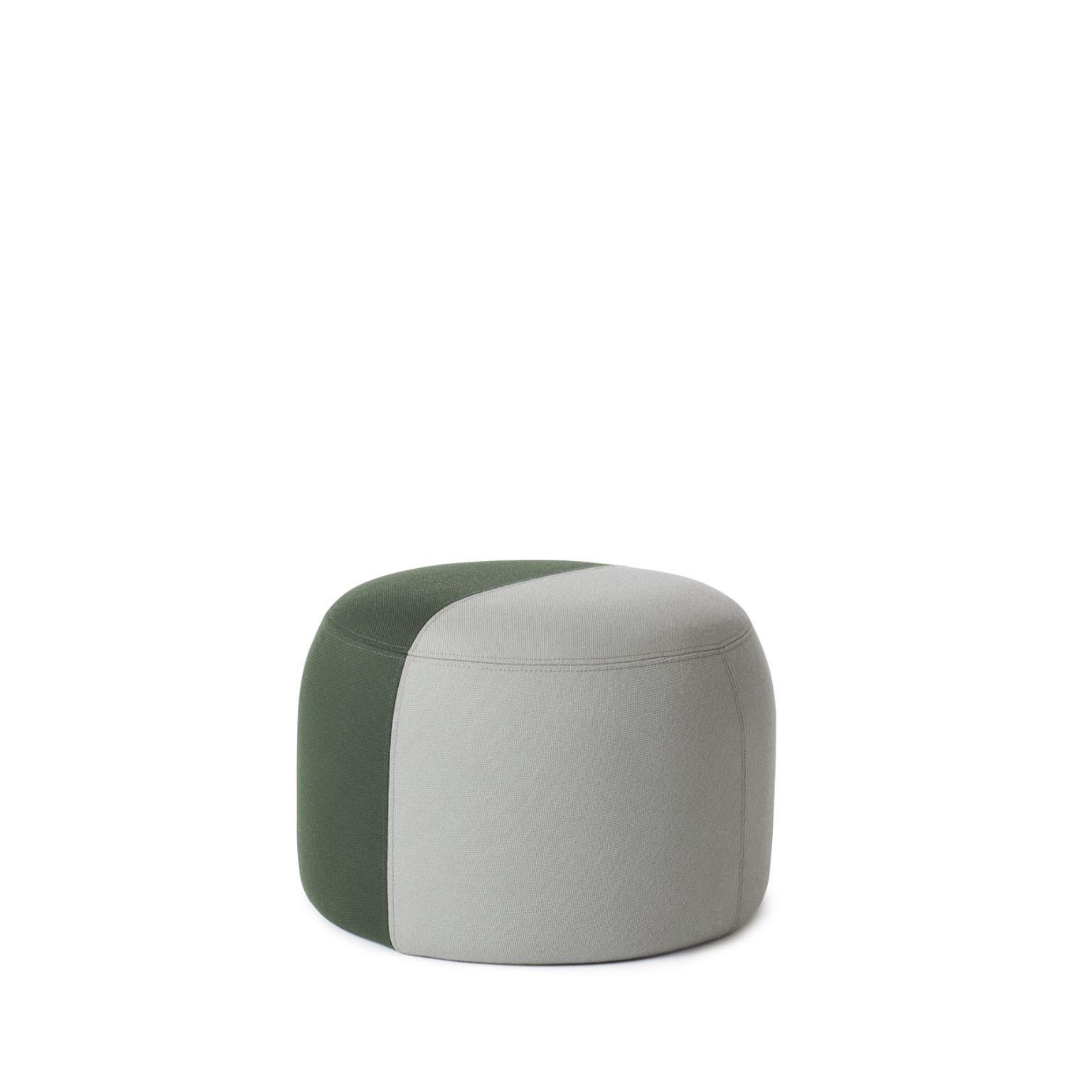 Dainty pouf warm grey forest green by Warm Nordic
Dimensions: D55 x H 39 cm
Material: Textile upholstery, Wooden frame, foam.
Weight: 9.5 kg
Also available in different colours and finishes. 

Sophisticated, two-coloured pouf with soft shapes