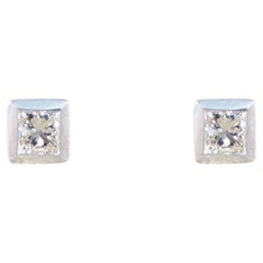 Dainty Princess Cut Diamond Stud Earrings in 9ct White Gold Rub Over Setting