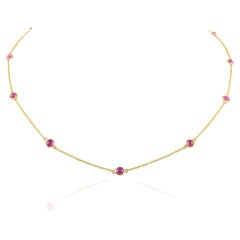 Real Ruby Station Chain Necklace 14k Solid Yellow Gold, Christmas Gift For Her