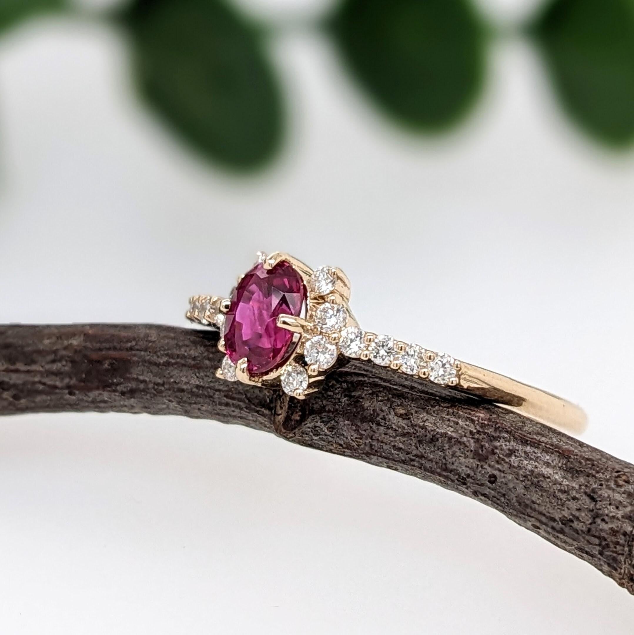 Modern Dainty Red Ruby Ring w Earth Mined Diamonds in Solid 14K Yellow Gold Oval 5.3x4 For Sale