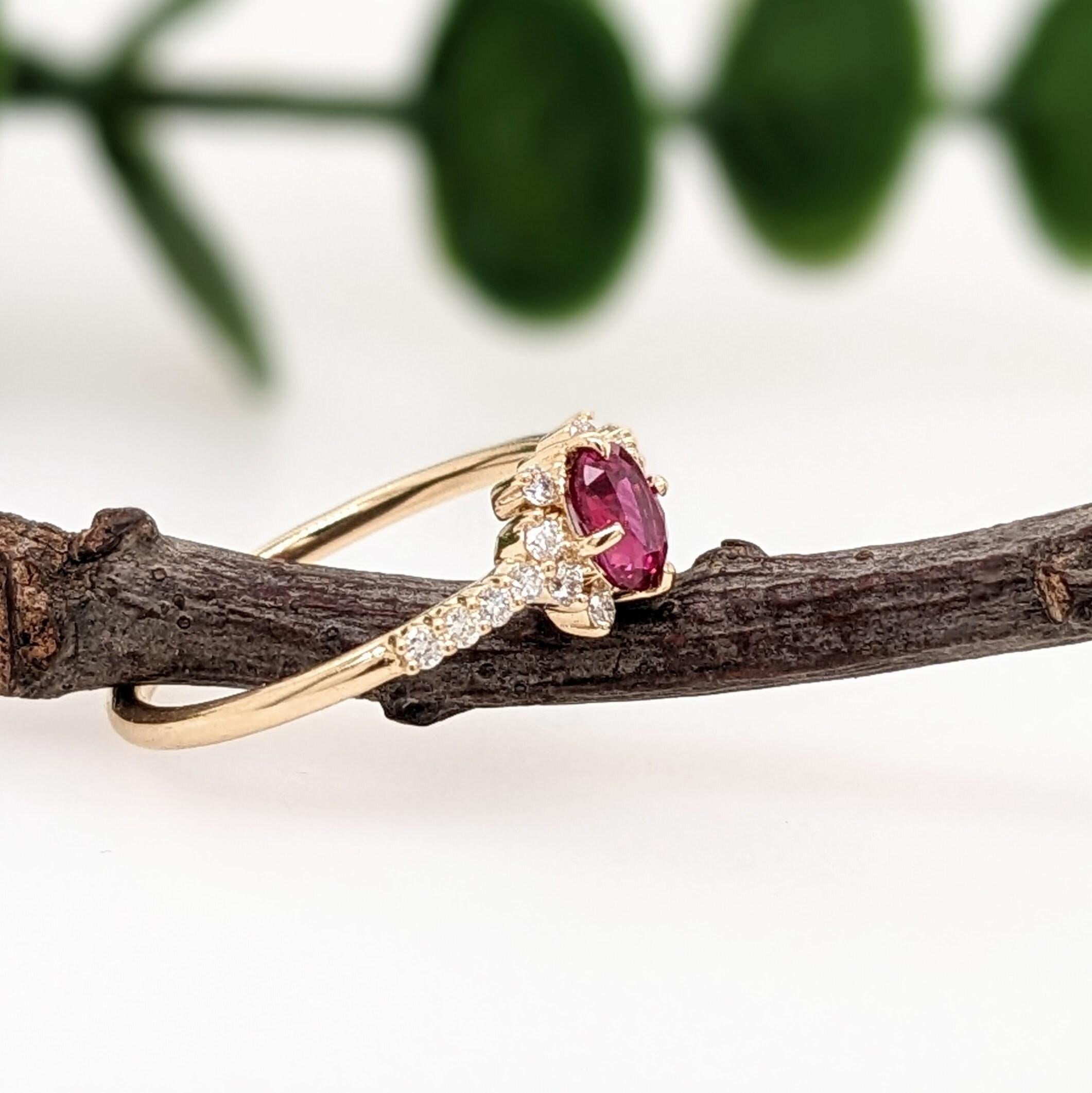 Oval Cut Dainty Red Ruby Ring w Earth Mined Diamonds in Solid 14K Yellow Gold Oval 5.3x4 For Sale
