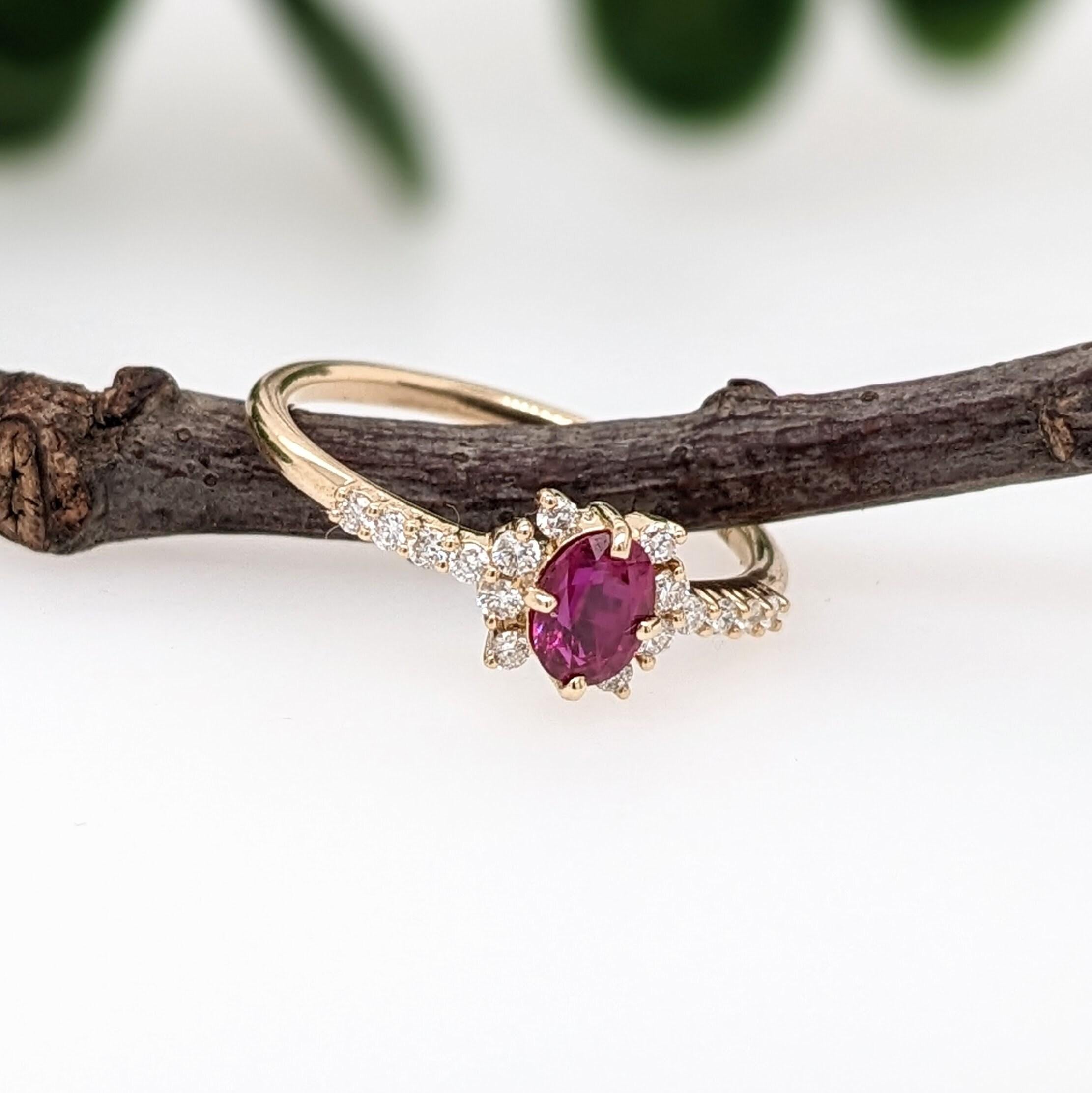 Dainty Red Ruby Ring w Earth Mined Diamonds in Solid 14K Yellow Gold Oval 5.3x4 In New Condition For Sale In Columbus, OH