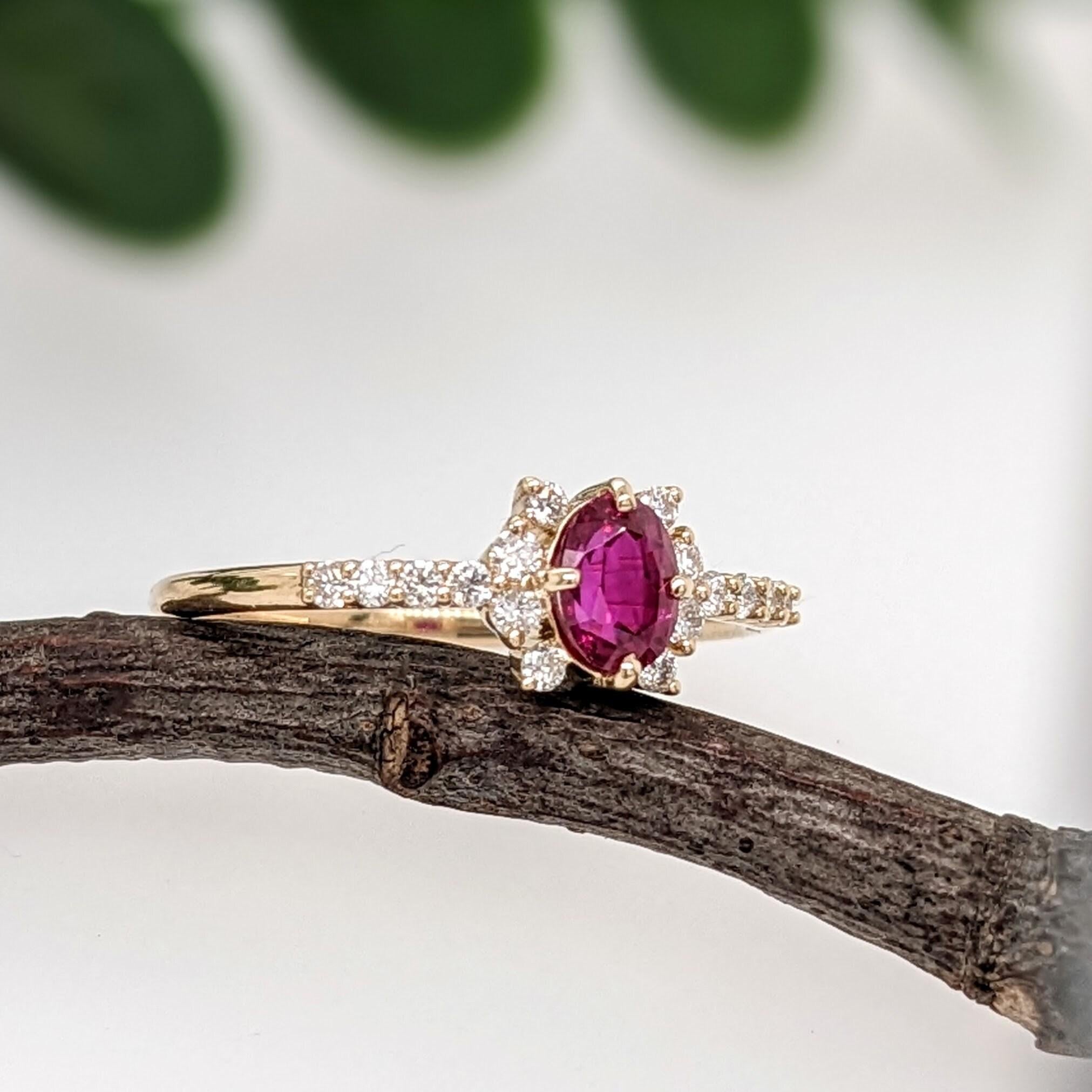 Women's Dainty Red Ruby Ring w Earth Mined Diamonds in Solid 14K Yellow Gold Oval 5.3x4 For Sale