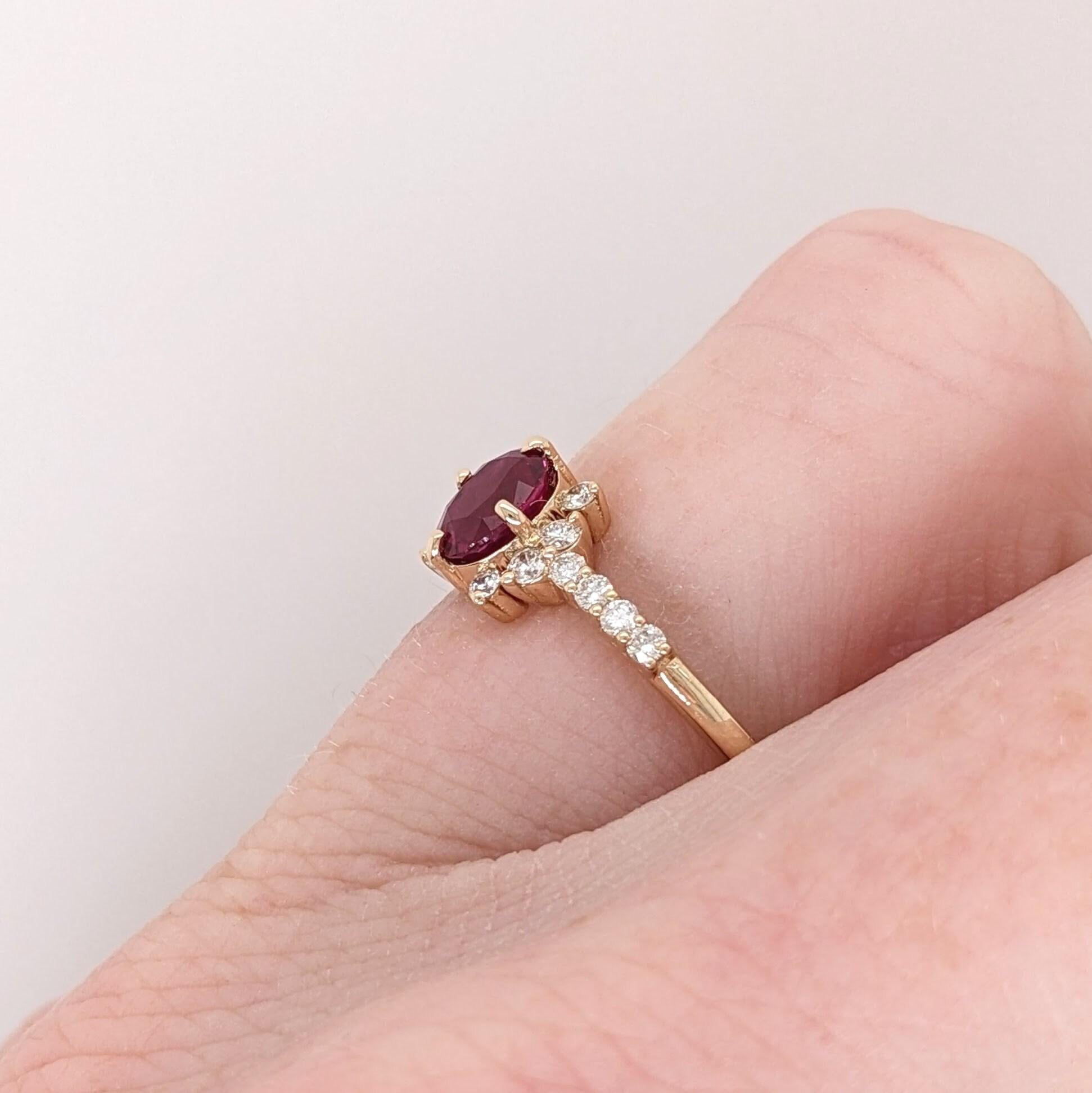 Dainty Red Ruby Ring w Earth Mined Diamonds in Solid 14K Yellow Gold Oval 5.3x4 For Sale 2