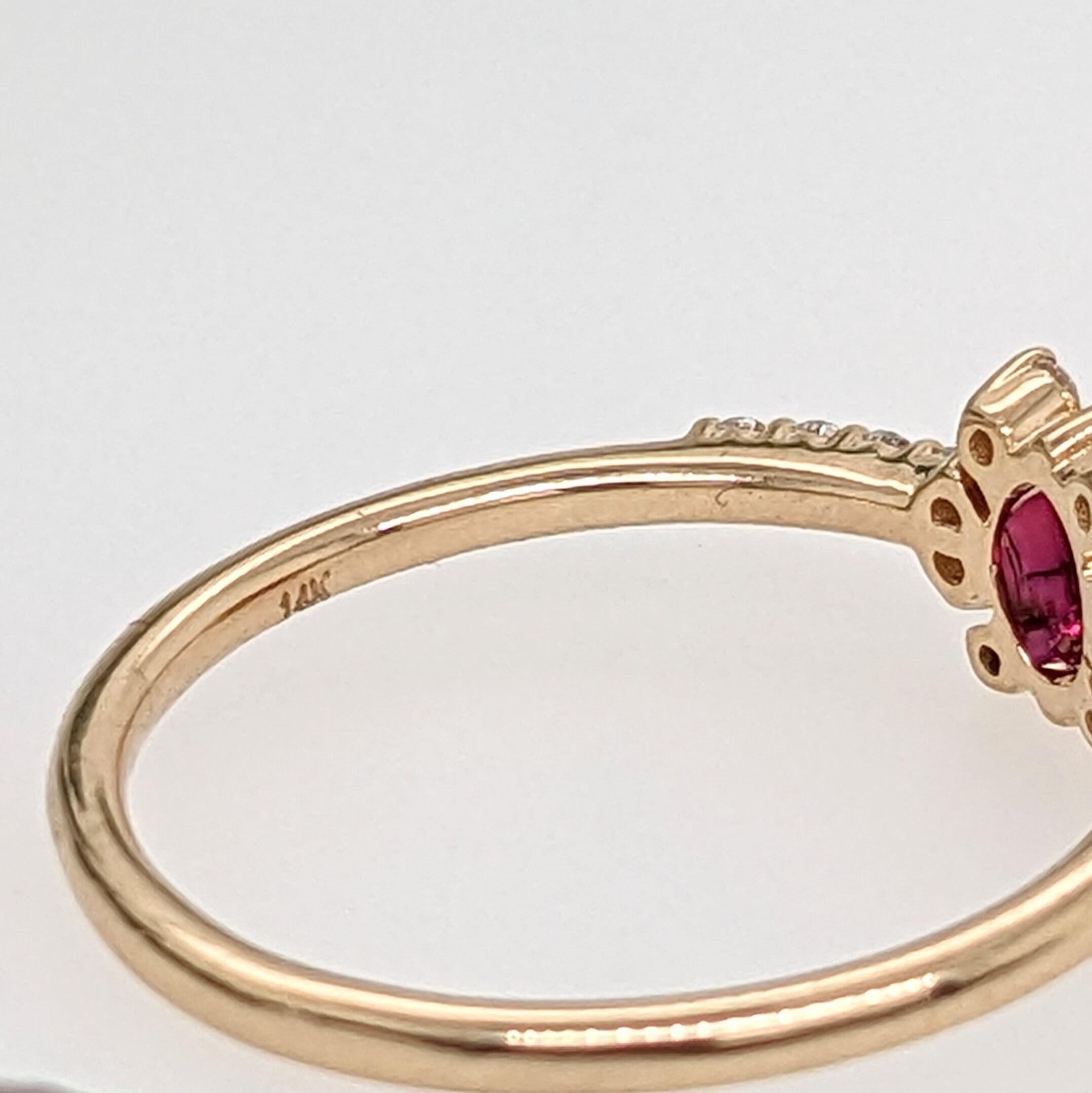 Dainty Red Ruby Ring w Earth Mined Diamonds in Solid 14K Gold  Oval 5.3x4mm For Sale 3