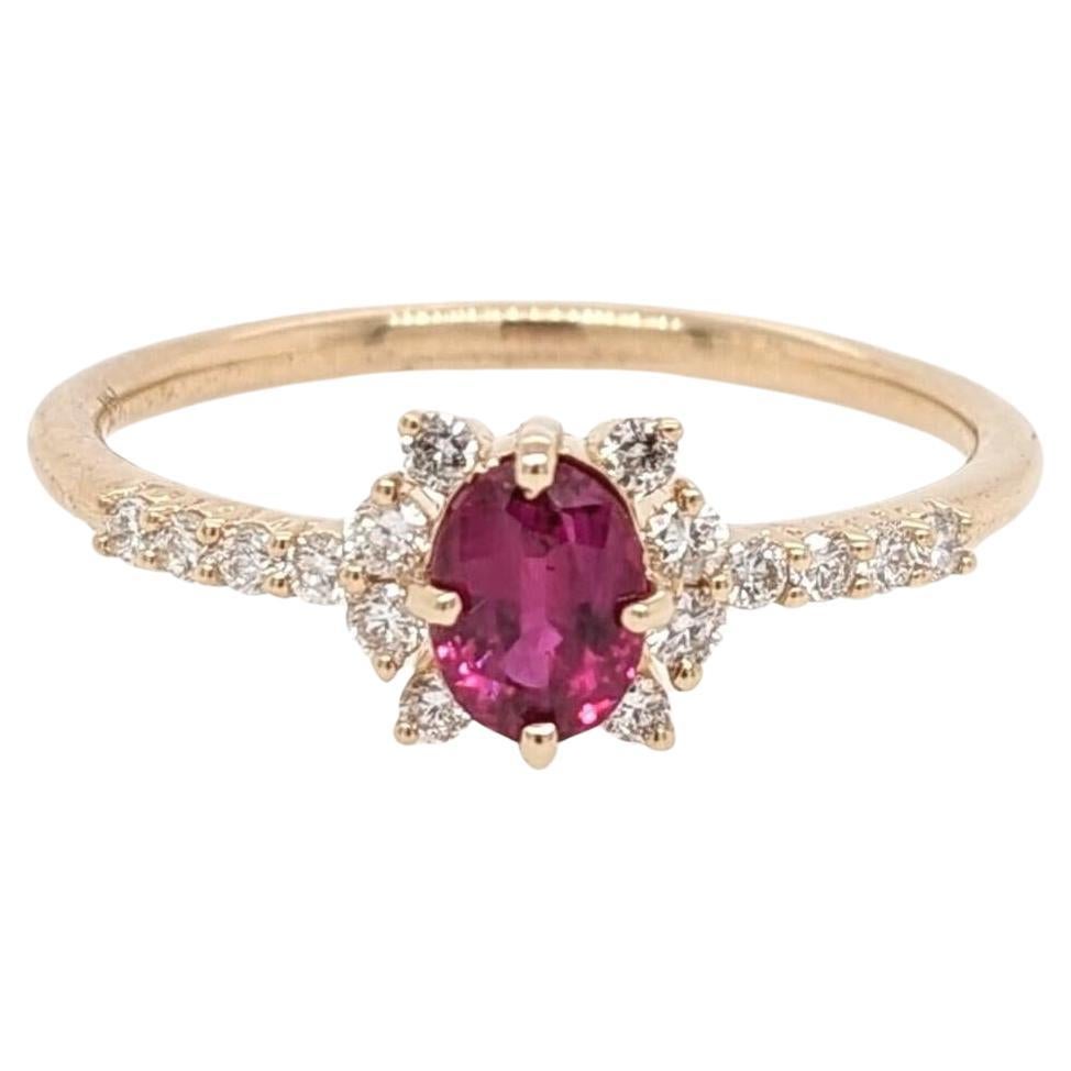 Dainty Red Ruby Ring w Earth Mined Diamonds in Solid 14K Yellow Gold Oval 5.3x4 For Sale