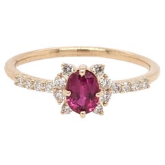 Dainty Roter Rubin-Ring mit erdfarbenen, geätzten Diamanten aus massivem 14K Gelbgold Oval 5.3x4