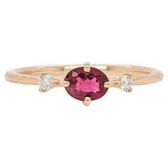 Dainty Red Spinel Ring w Earth Mined Diamonds in Solid 14K Yellow Gold OV 5x4mm
