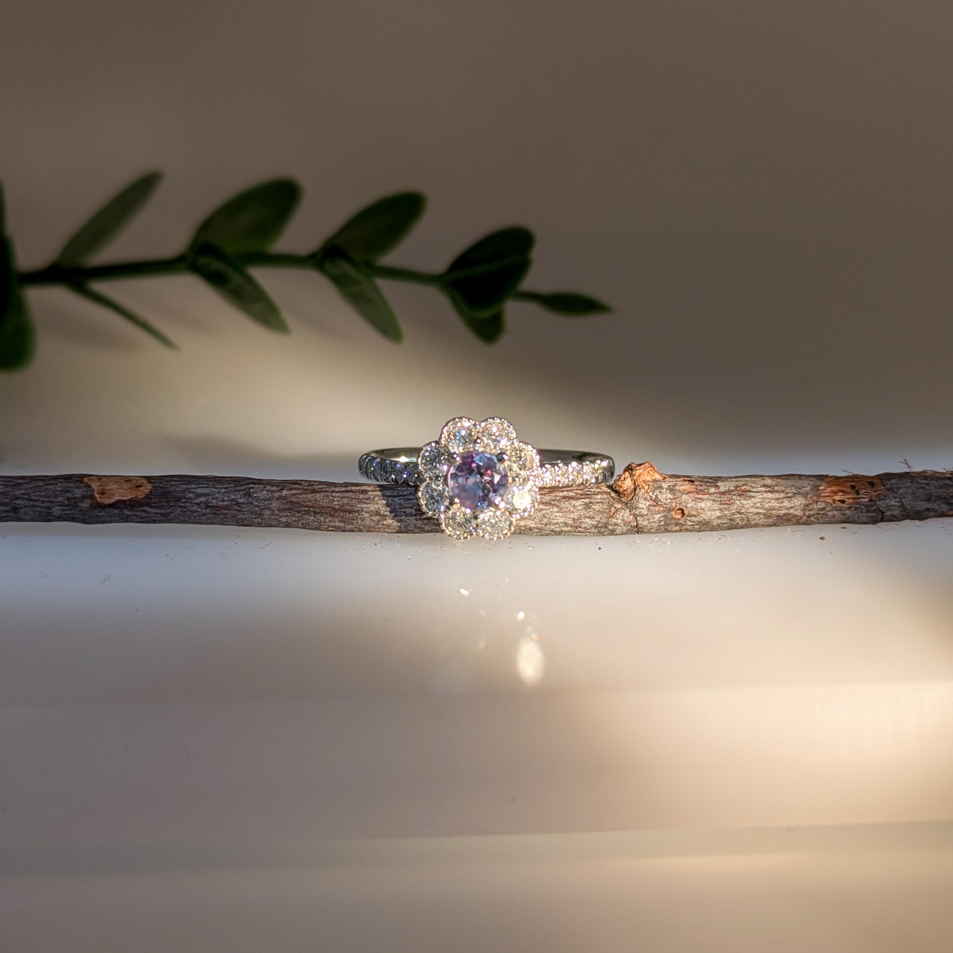 Art Deco Dainty Round Alexandrite Ring w Natural Diamond Accents in Solid 14K White Gold For Sale