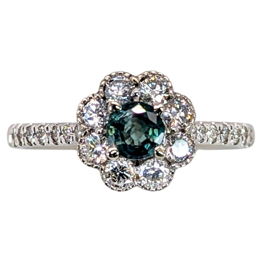 Dainty Round Alexandrite Ring w Natural Diamond Accents in Solid 14K White Gold For Sale