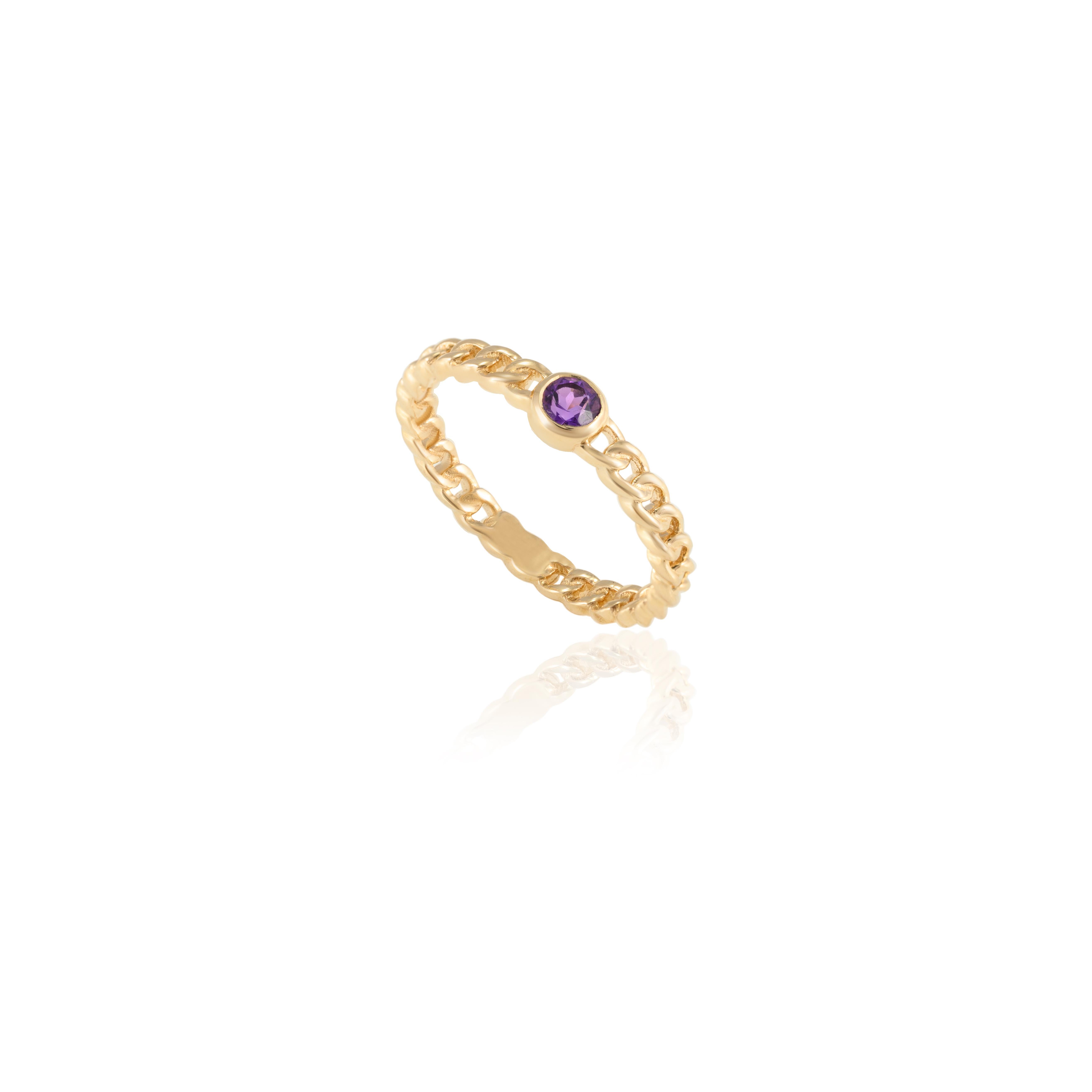 For Sale:  Dainty Round Amethyst Everyday Chain Ring Handcrafted in 14k Solid Yellow Gold 5