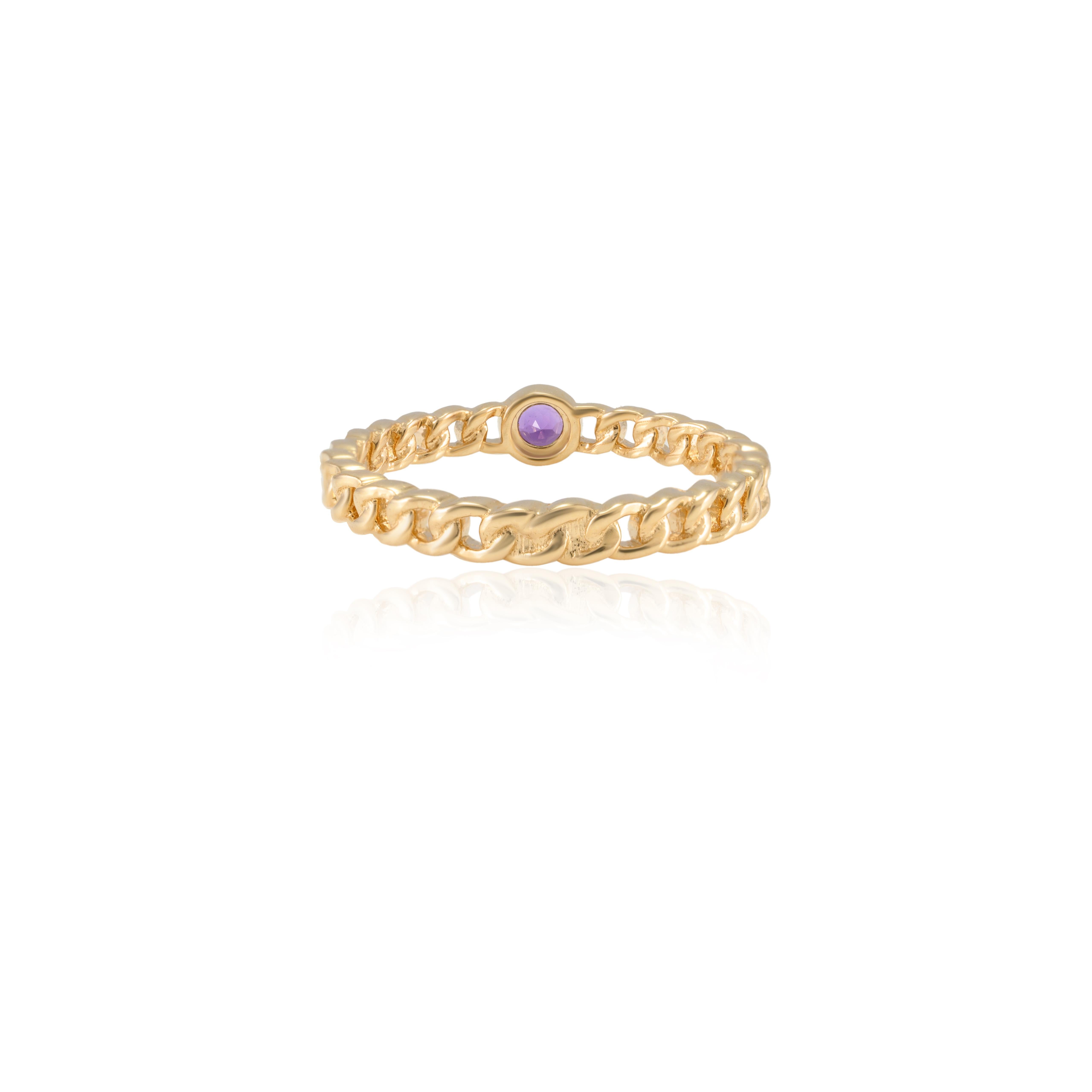 For Sale:  Dainty Round Amethyst Everyday Chain Ring Handcrafted in 14k Solid Yellow Gold 7