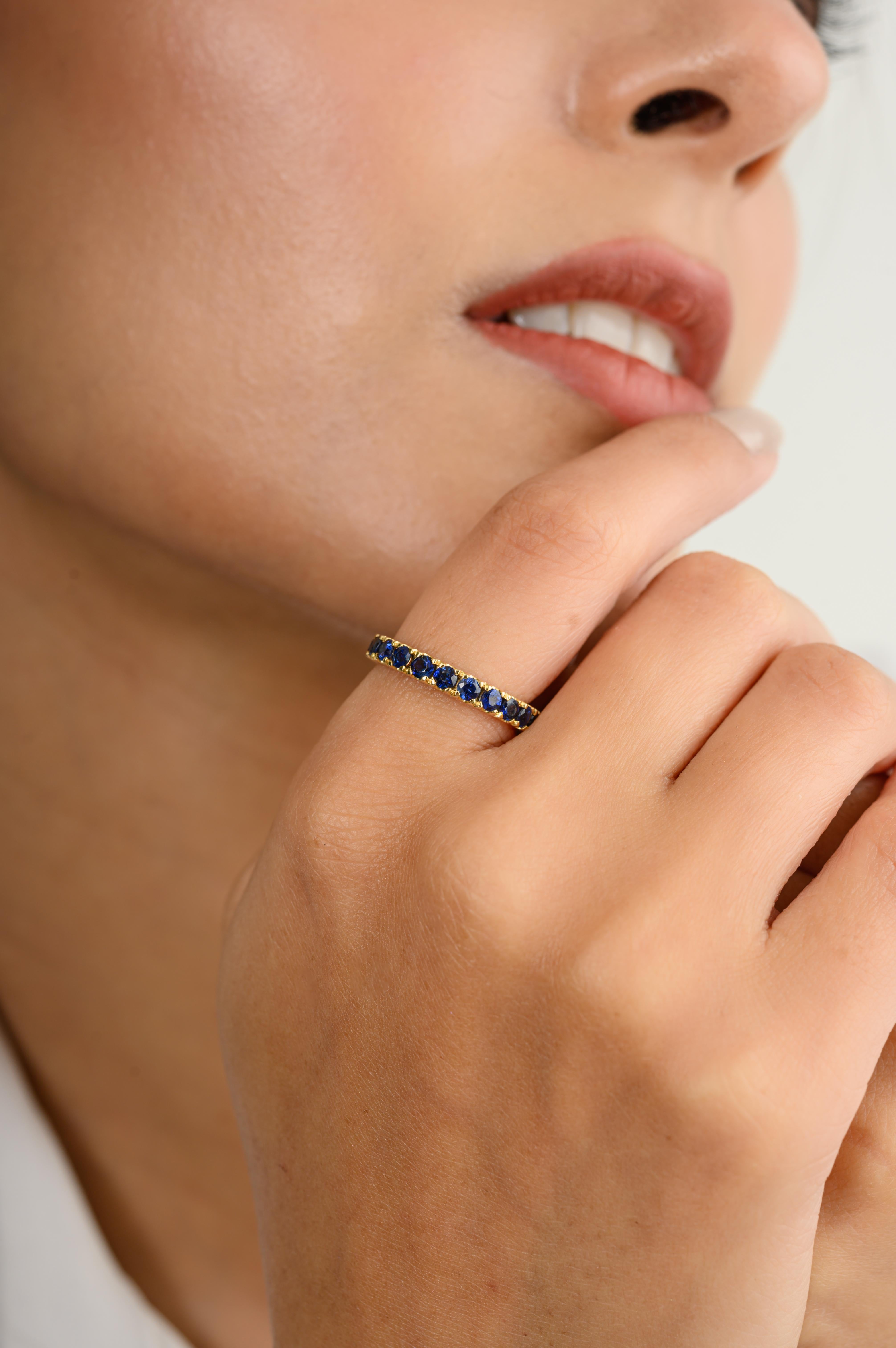 For Sale:  Dainty Round Blue Sapphire Eternity Stackable Band Ring 18k Solid Yellow Gold 2
