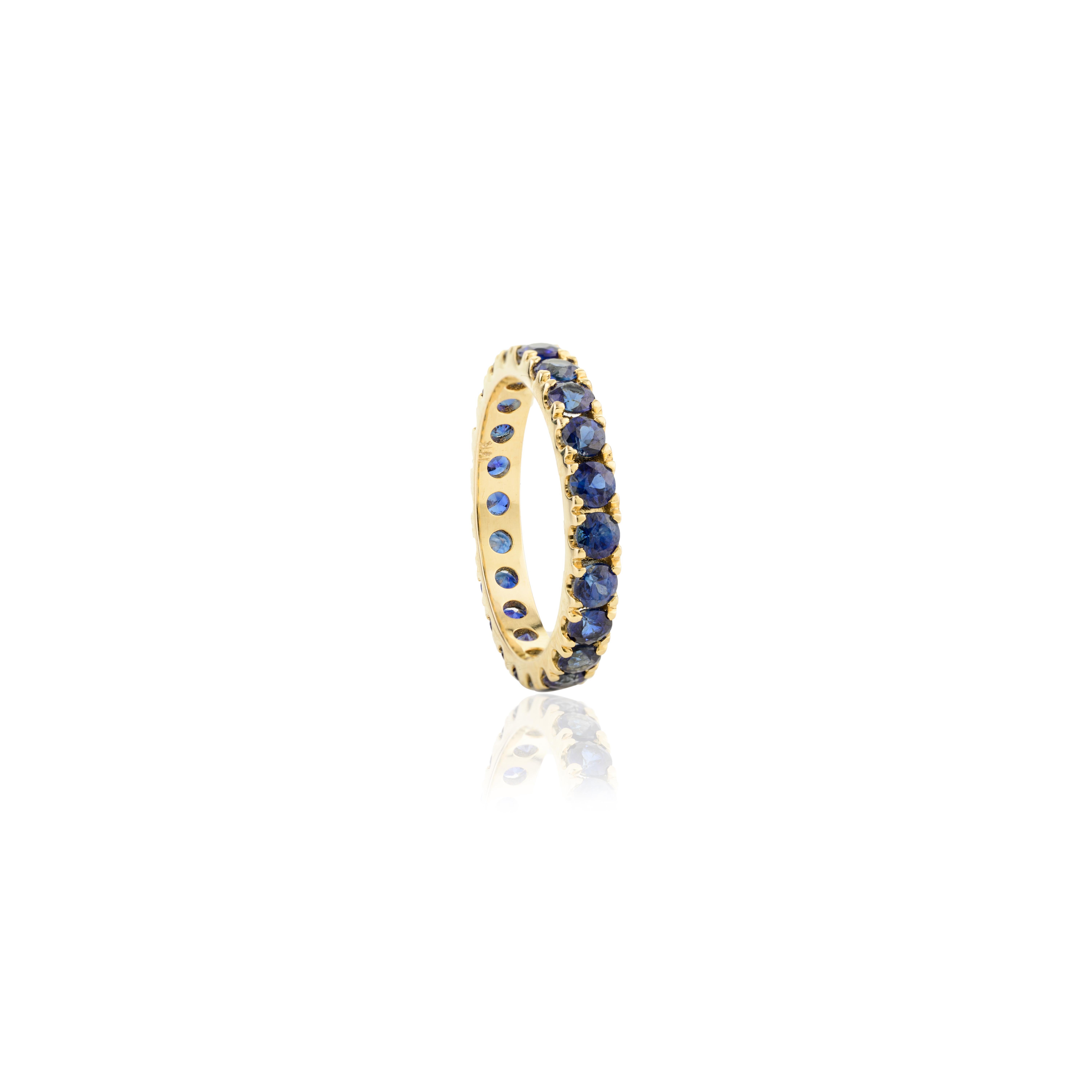 For Sale:  Dainty Round Blue Sapphire Eternity Stackable Band Ring 18k Solid Yellow Gold 3