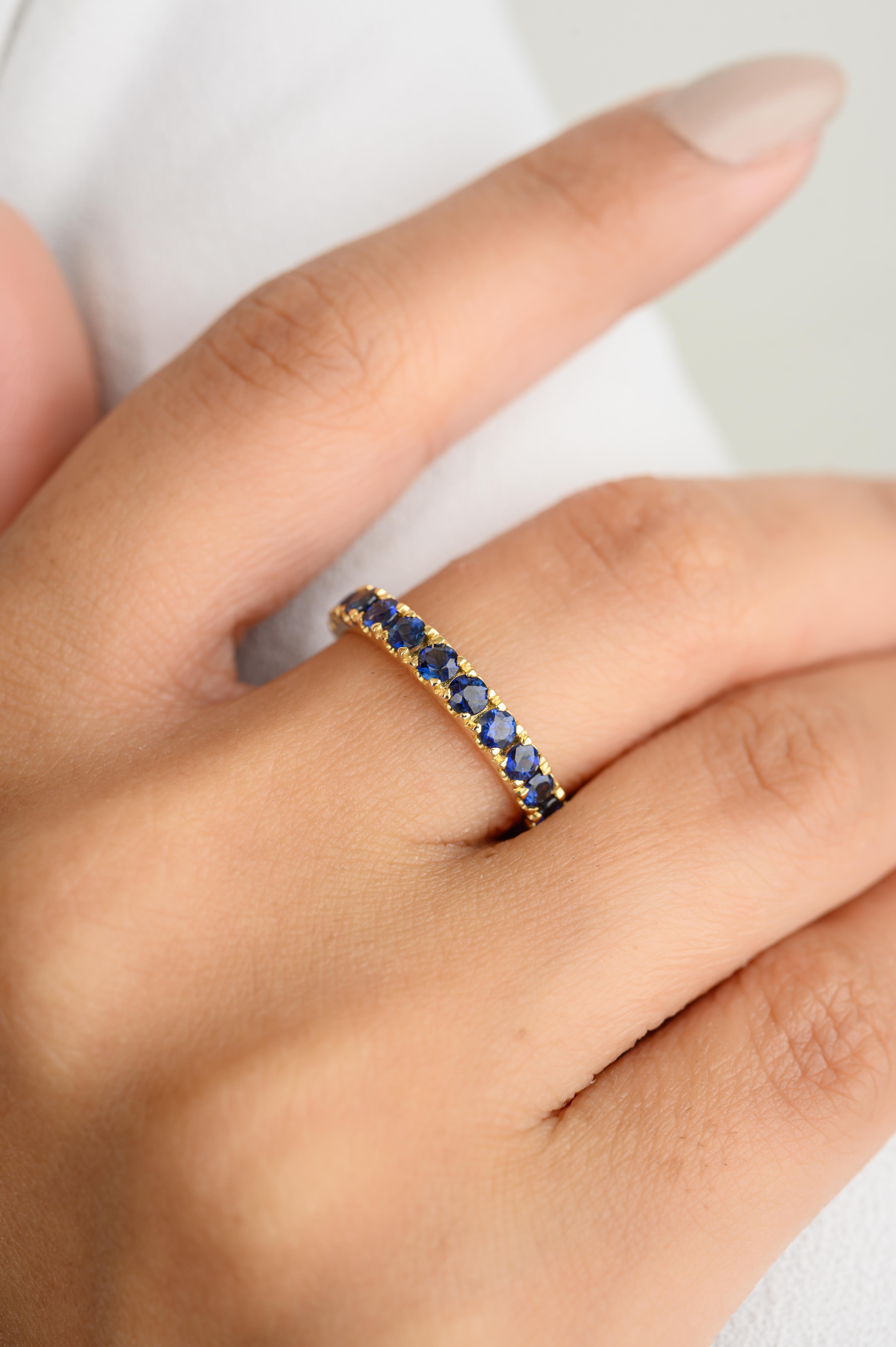 For Sale:  Dainty Round Blue Sapphire Eternity Stackable Band Ring 18k Solid Yellow Gold 4