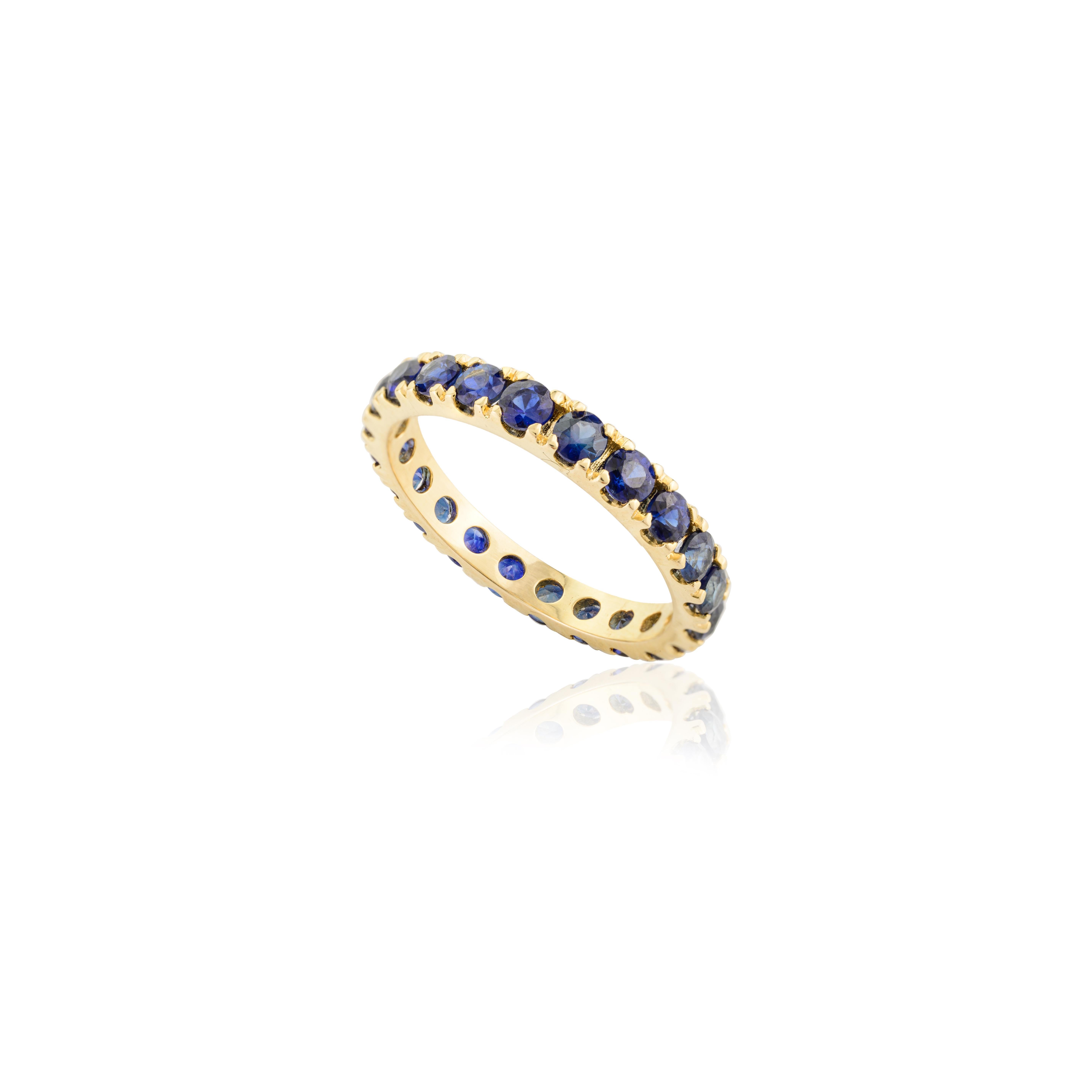 For Sale:  Dainty Round Blue Sapphire Eternity Stackable Band Ring 18k Solid Yellow Gold 5