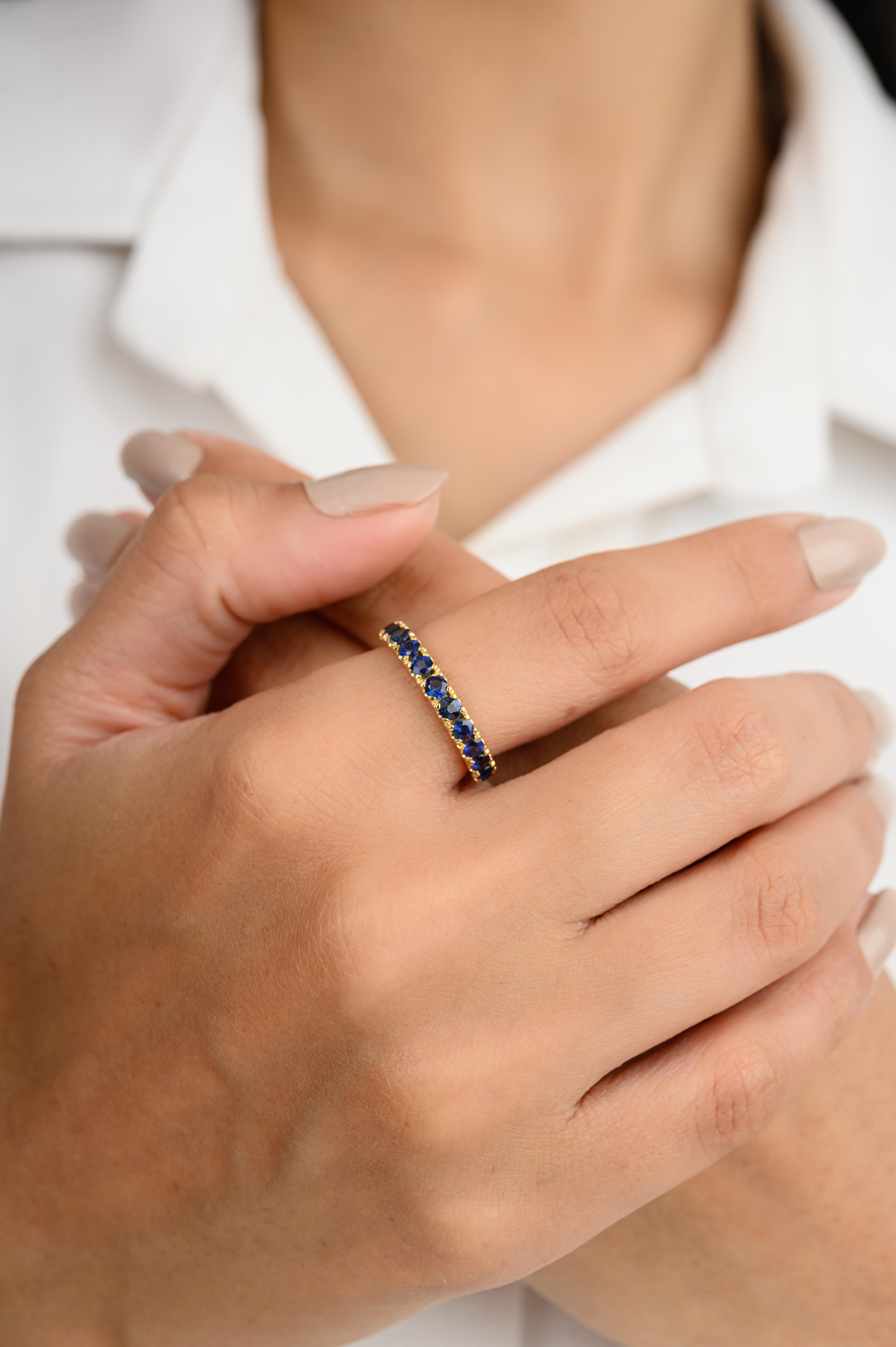 For Sale:  Dainty Round Blue Sapphire Eternity Stackable Band Ring 18k Solid Yellow Gold 6