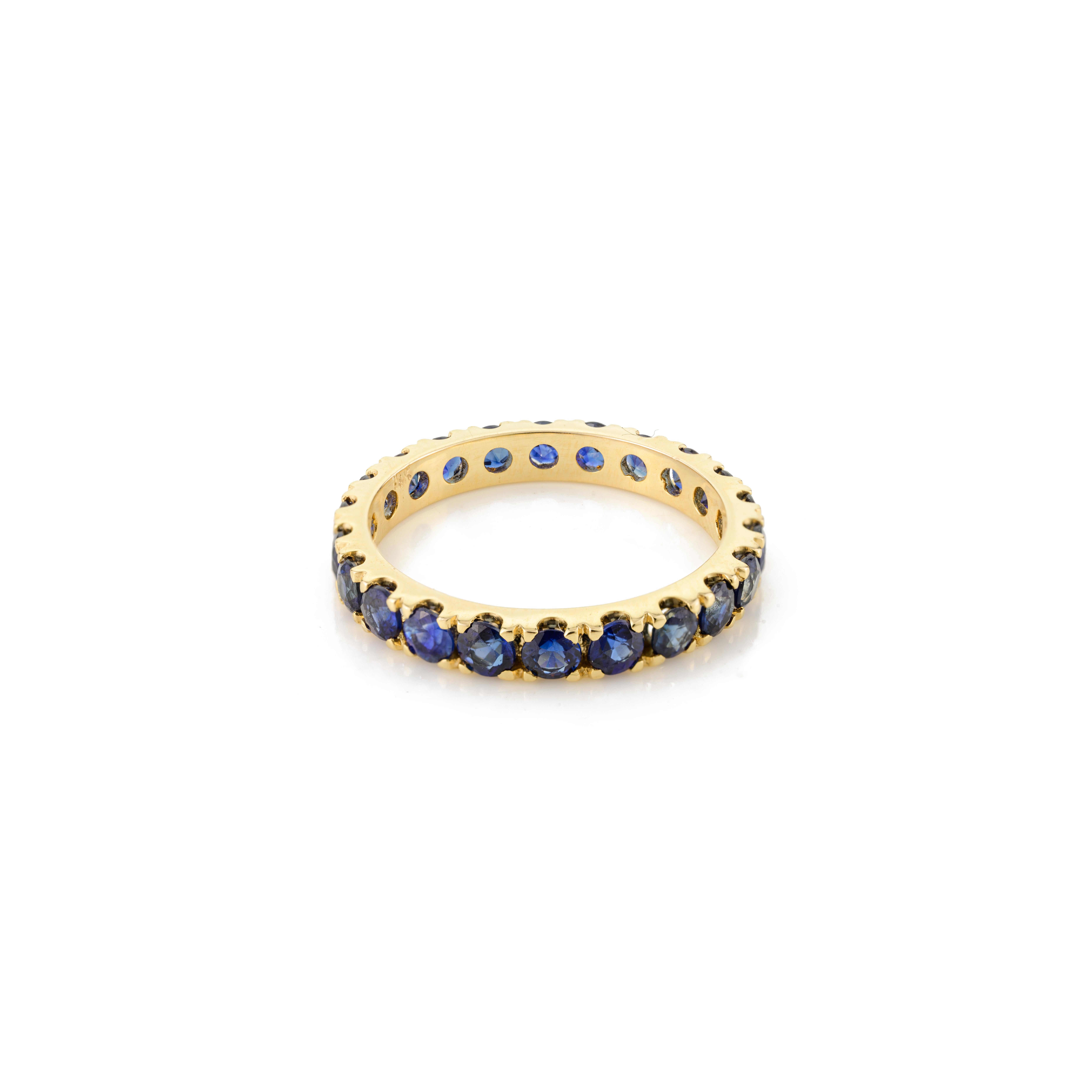 For Sale:  Dainty Round Blue Sapphire Eternity Stackable Band Ring 18k Solid Yellow Gold 7