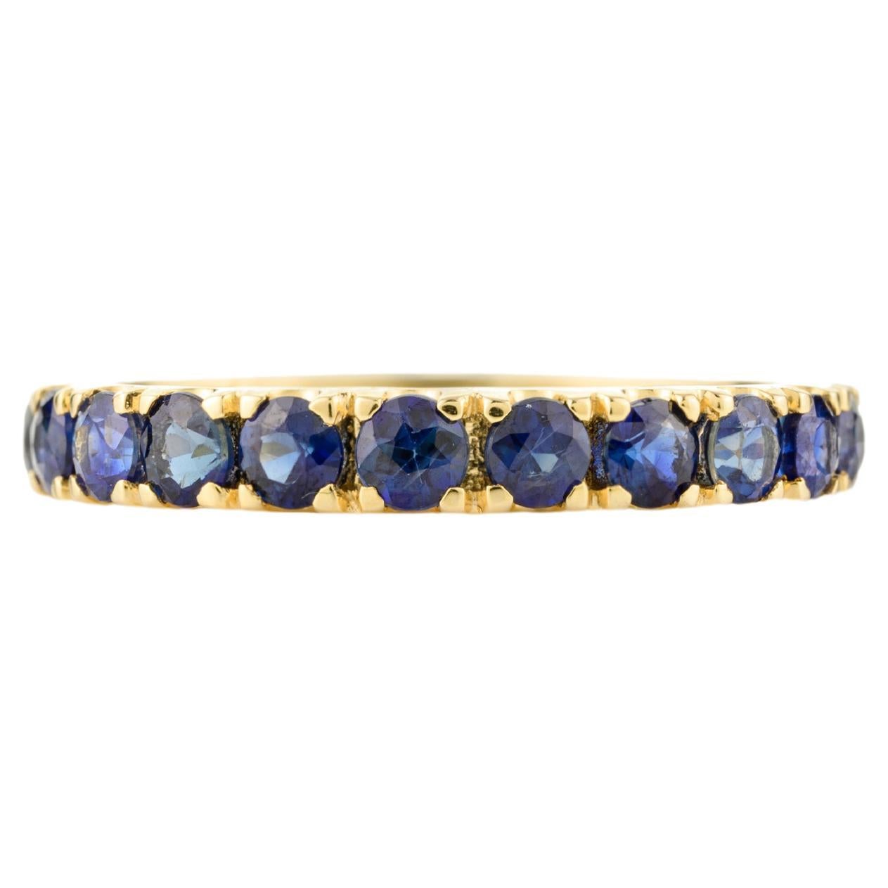 Dainty Round Blue Sapphire Eternity Stackable Band Ring 18k Solid Yellow Gold